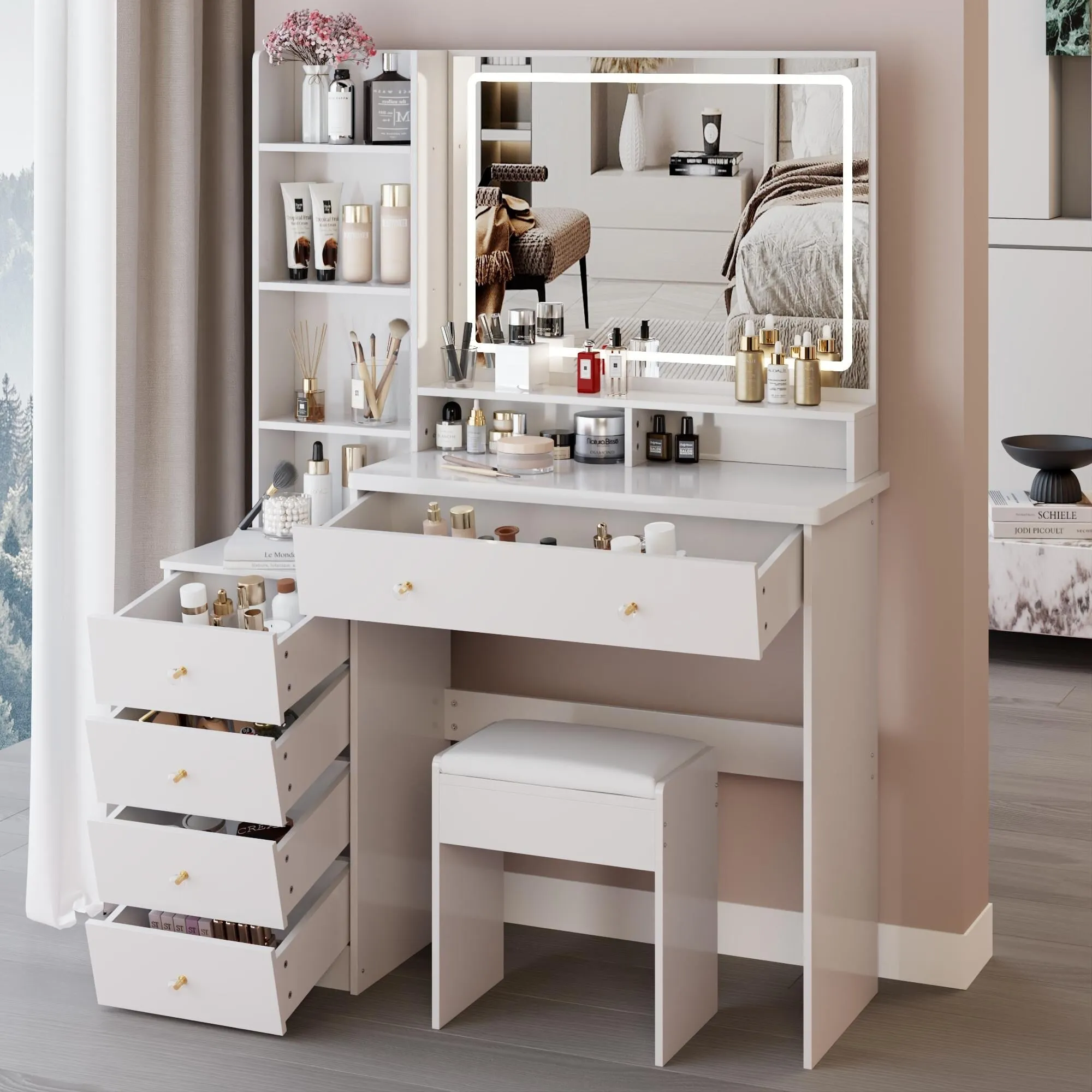 Large Size Left Bedside Cabinet Vanity Table Cushioned Stool.Large Touch Control LED Mirror.3-color Switch.Multi Layer