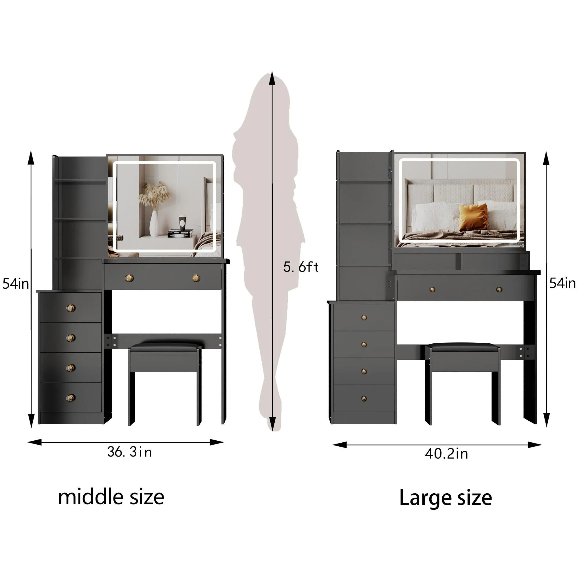 Large Size Left Bedside Cabinet Vanity Table Cushioned Stool.Large Touch Control LED Mirror.3-color Switch.Multi Layer
