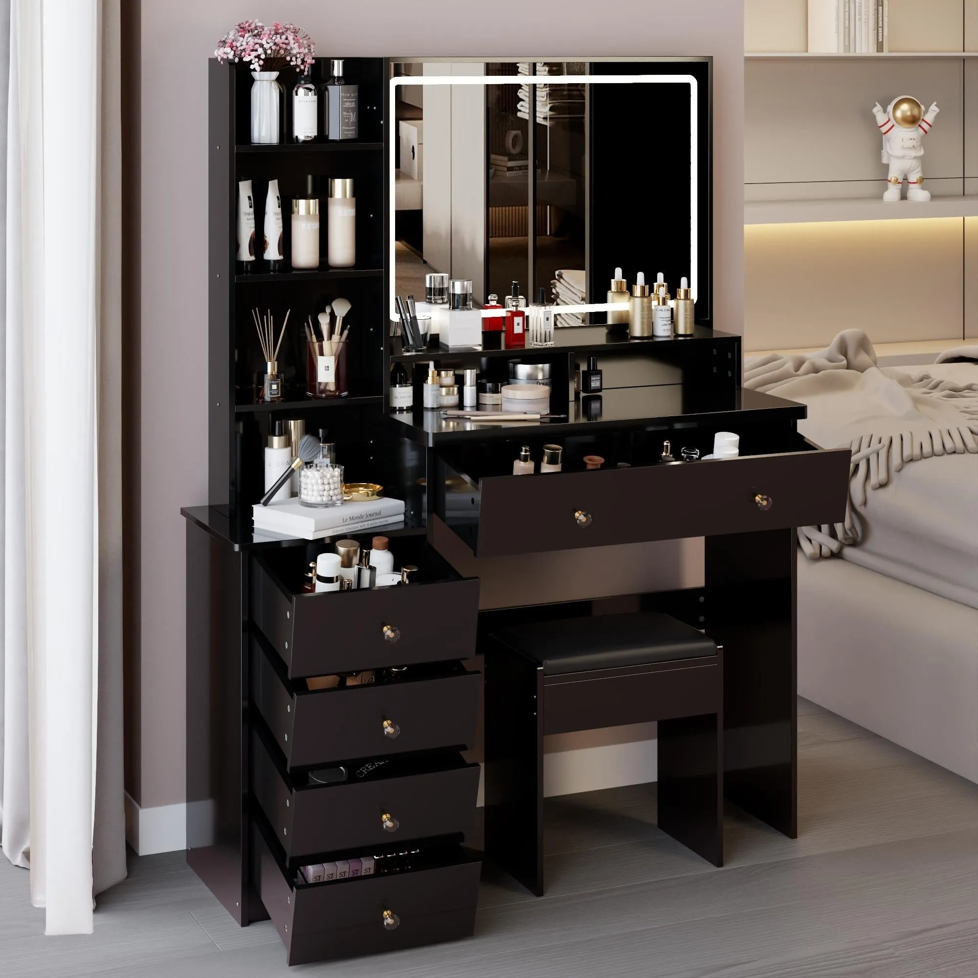 Large Size Left Bedside Cabinet Vanity Table Cushioned Stool.Large Touch Control LED Mirror.3-color Switch.Multi Layer