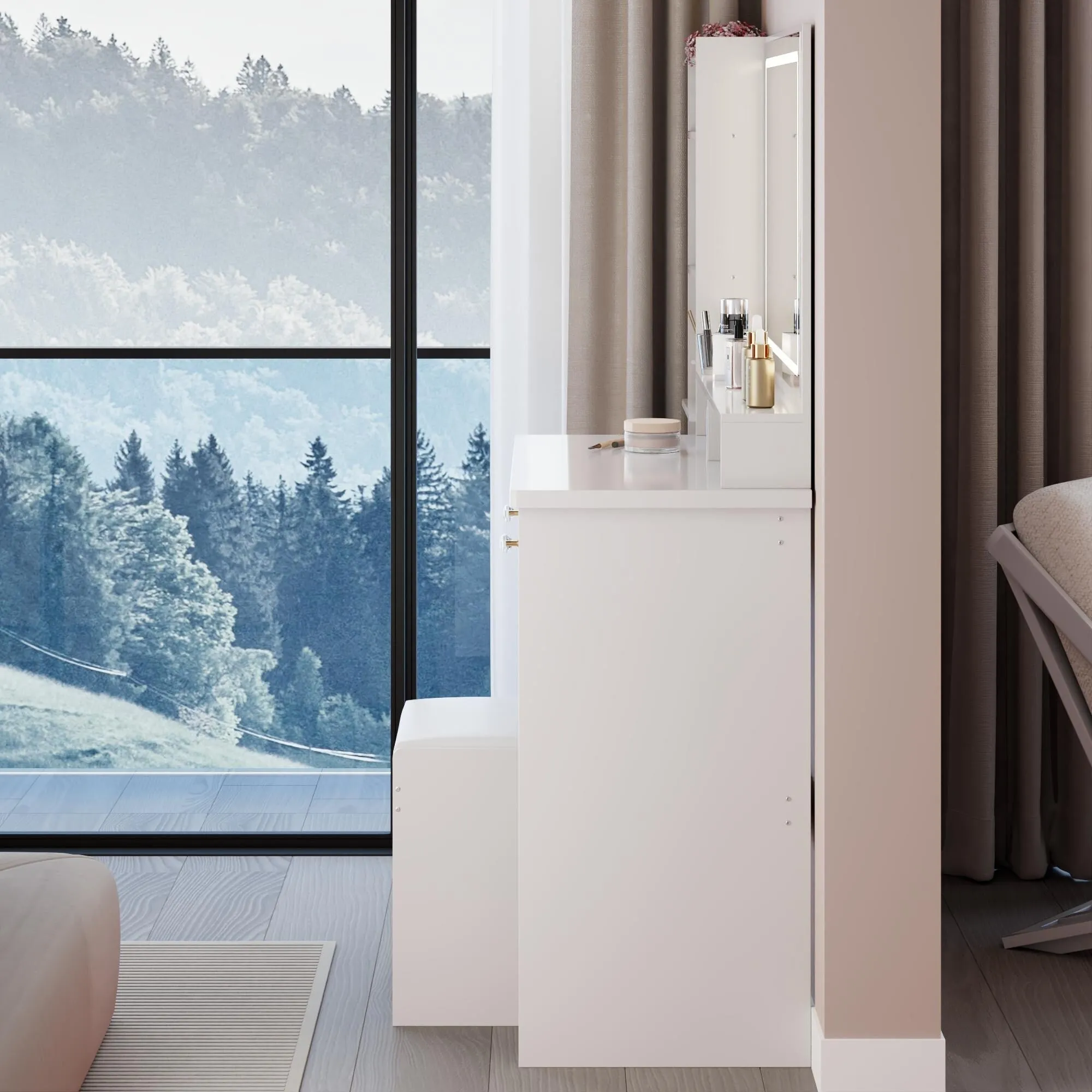 Large Size Left Bedside Cabinet Vanity Table Cushioned Stool.Large Touch Control LED Mirror.3-color Switch.Multi Layer