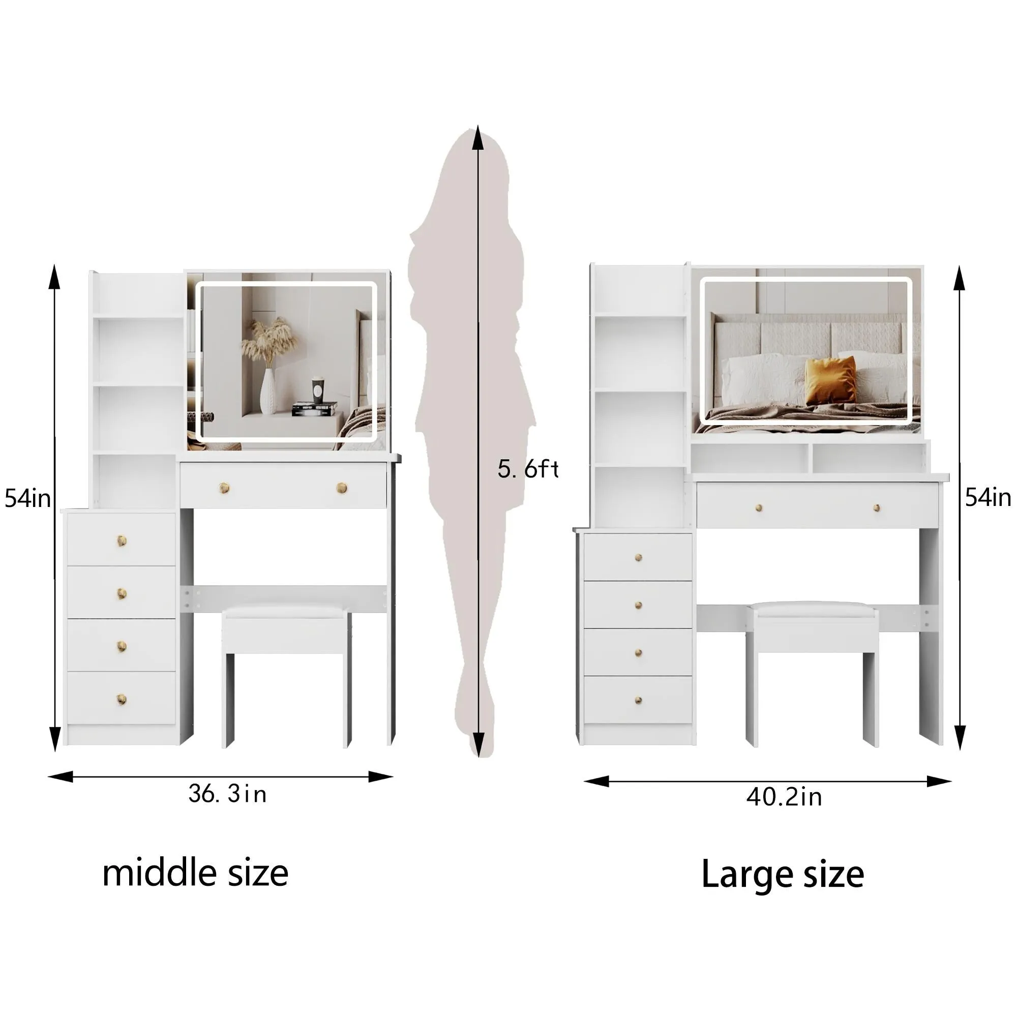 Large Size Left Bedside Cabinet Vanity Table Cushioned Stool.Large Touch Control LED Mirror.3-color Switch.Multi Layer