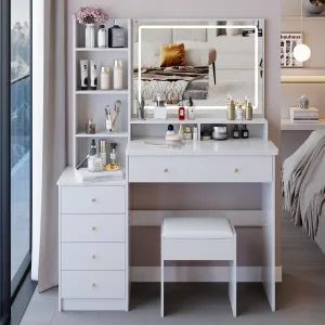 Large Size Left Bedside Cabinet Vanity Table Cushioned Stool.Large Touch Control LED Mirror.3-color Switch.Multi Layer