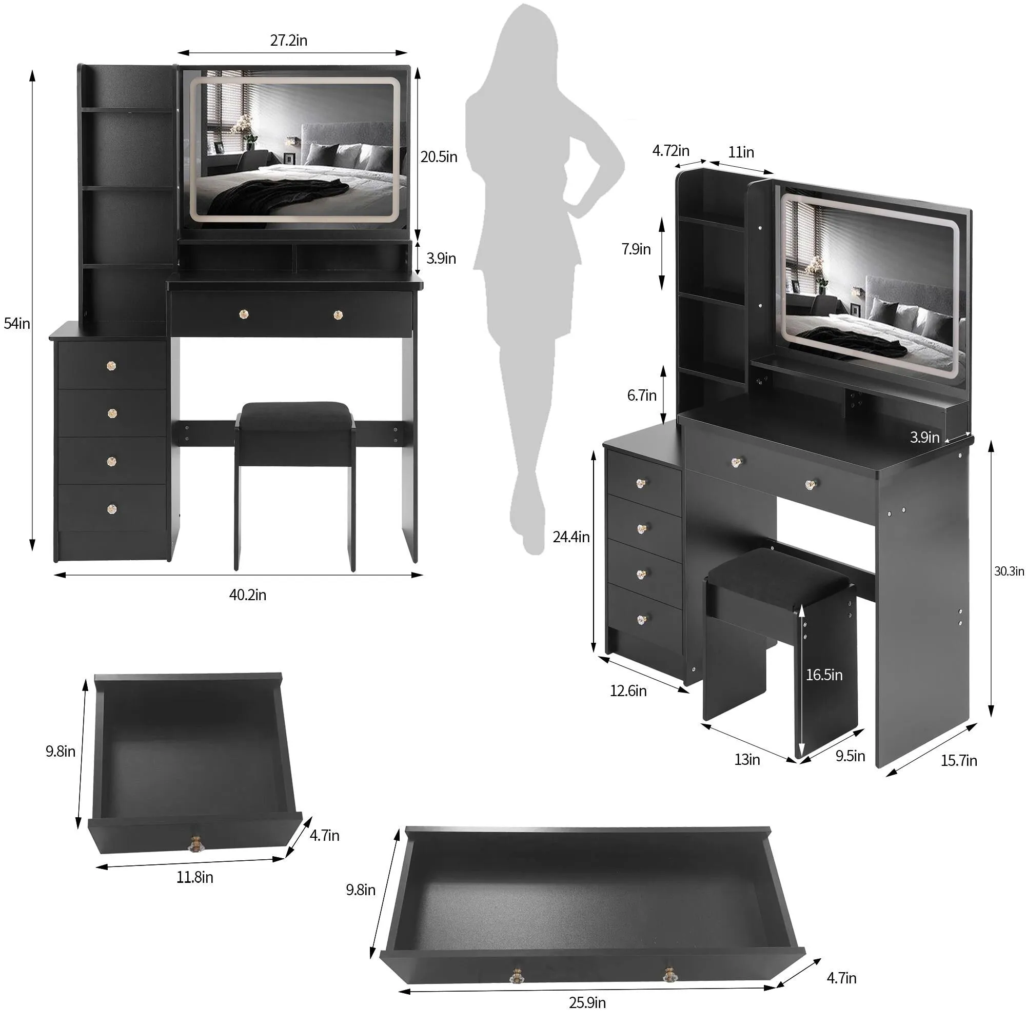 Large Size Left Bedside Cabinet Vanity Table Cushioned Stool.Large Touch Control LED Mirror.3-color Switch.Multi Layer