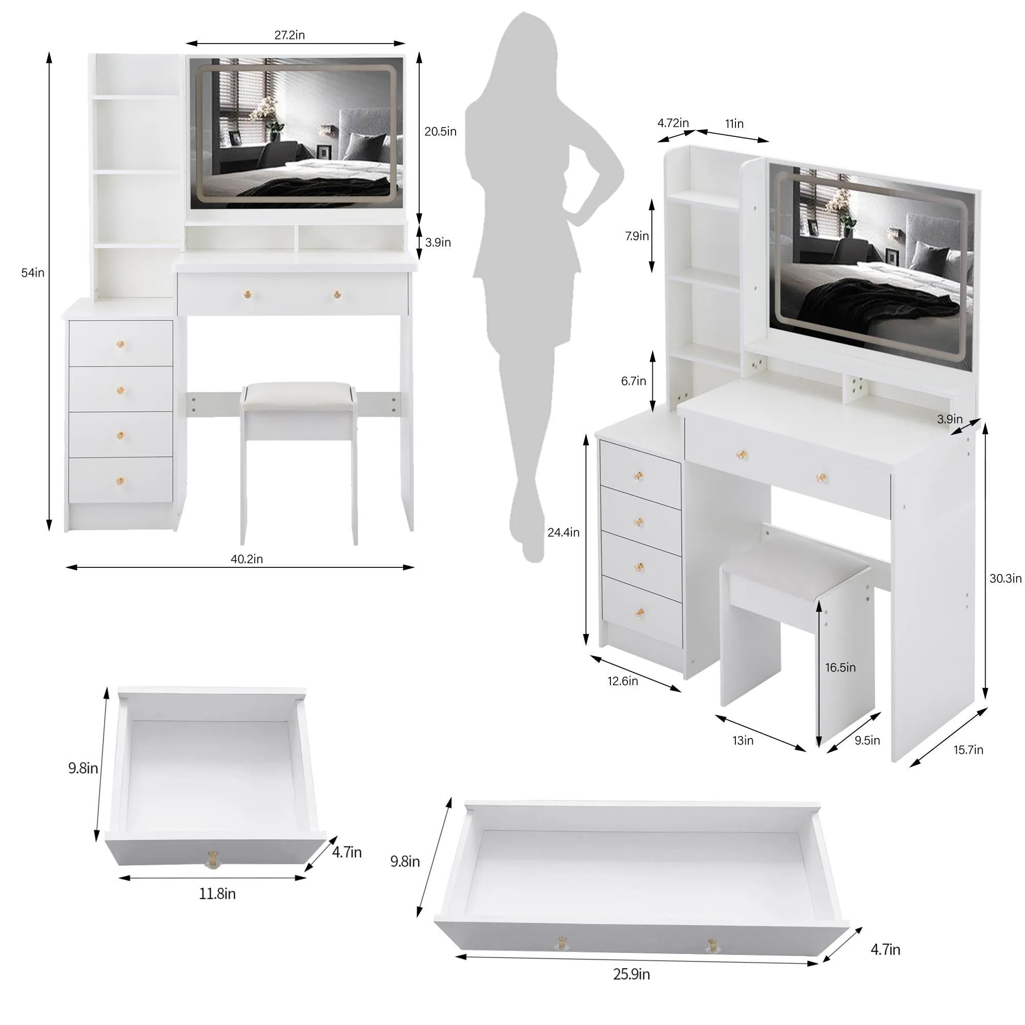 Large Size Left Bedside Cabinet Vanity Table Cushioned Stool.Large Touch Control LED Mirror.3-color Switch.Multi Layer