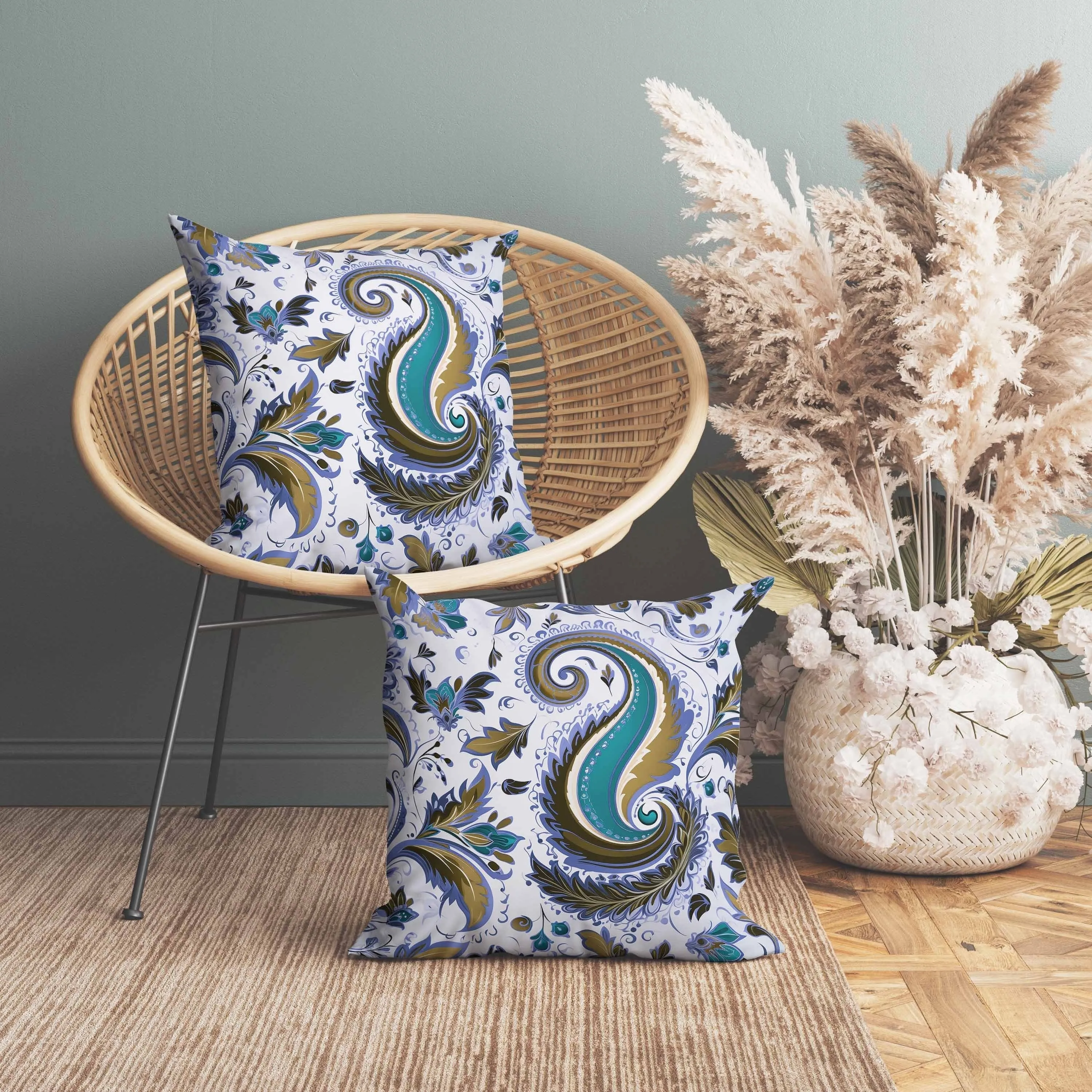 Lavish Paisley Faux Suede Reversible Throw Pillow Blue and Olive
