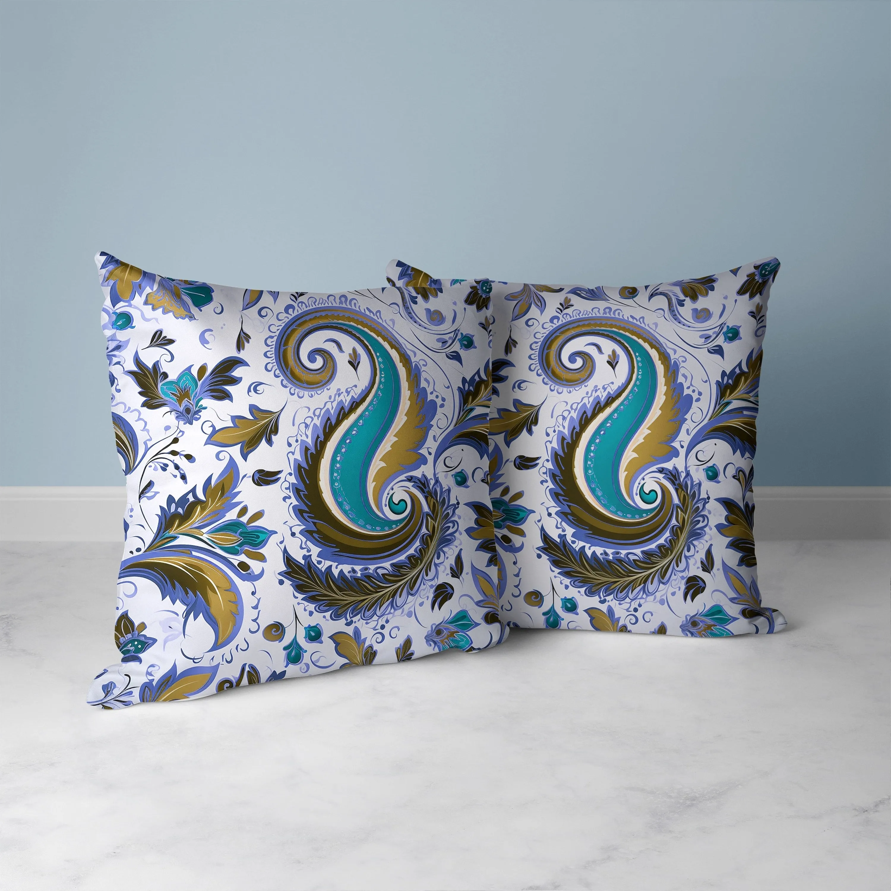 Lavish Paisley Faux Suede Reversible Throw Pillow Blue and Olive