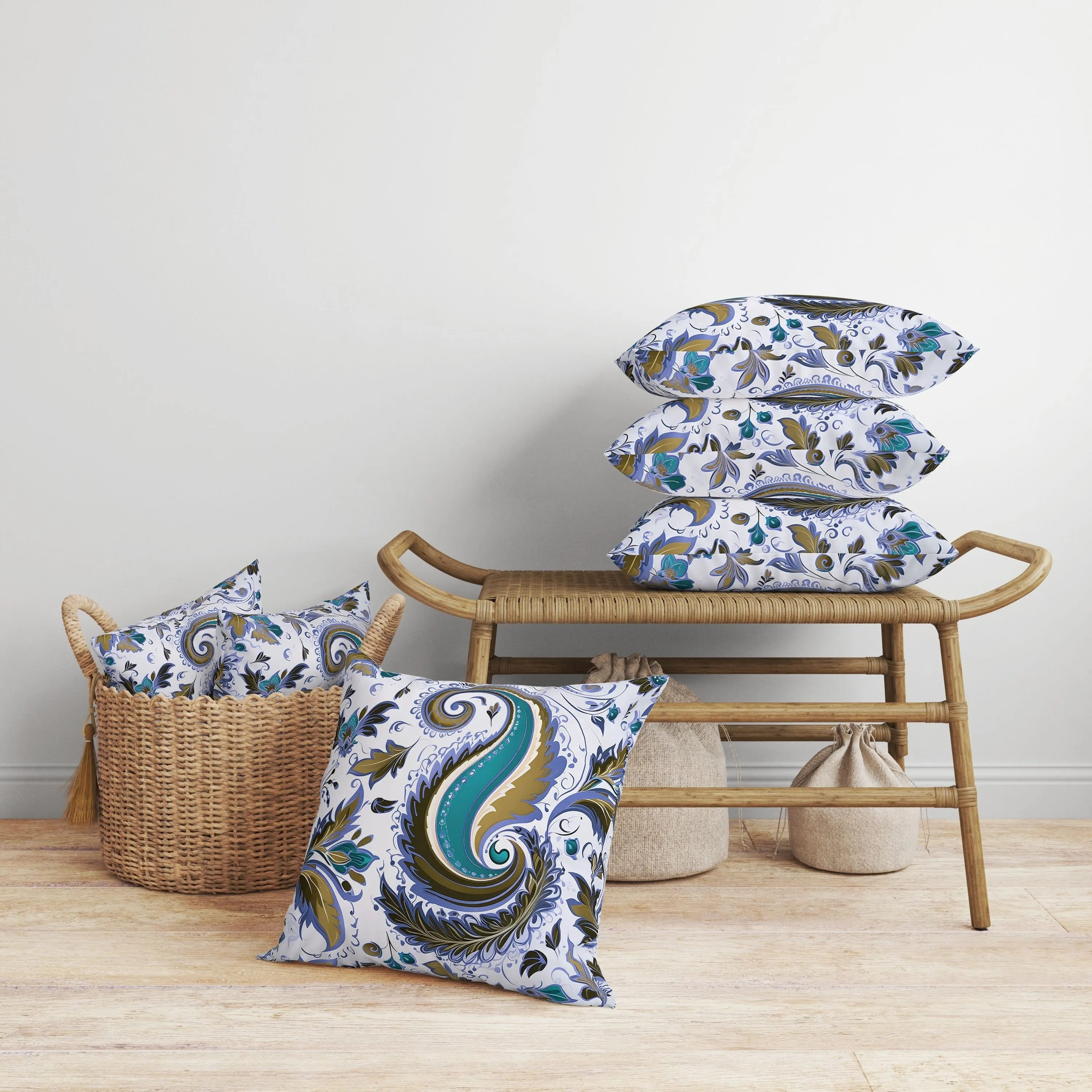 Lavish Paisley Faux Suede Reversible Throw Pillow Blue and Olive