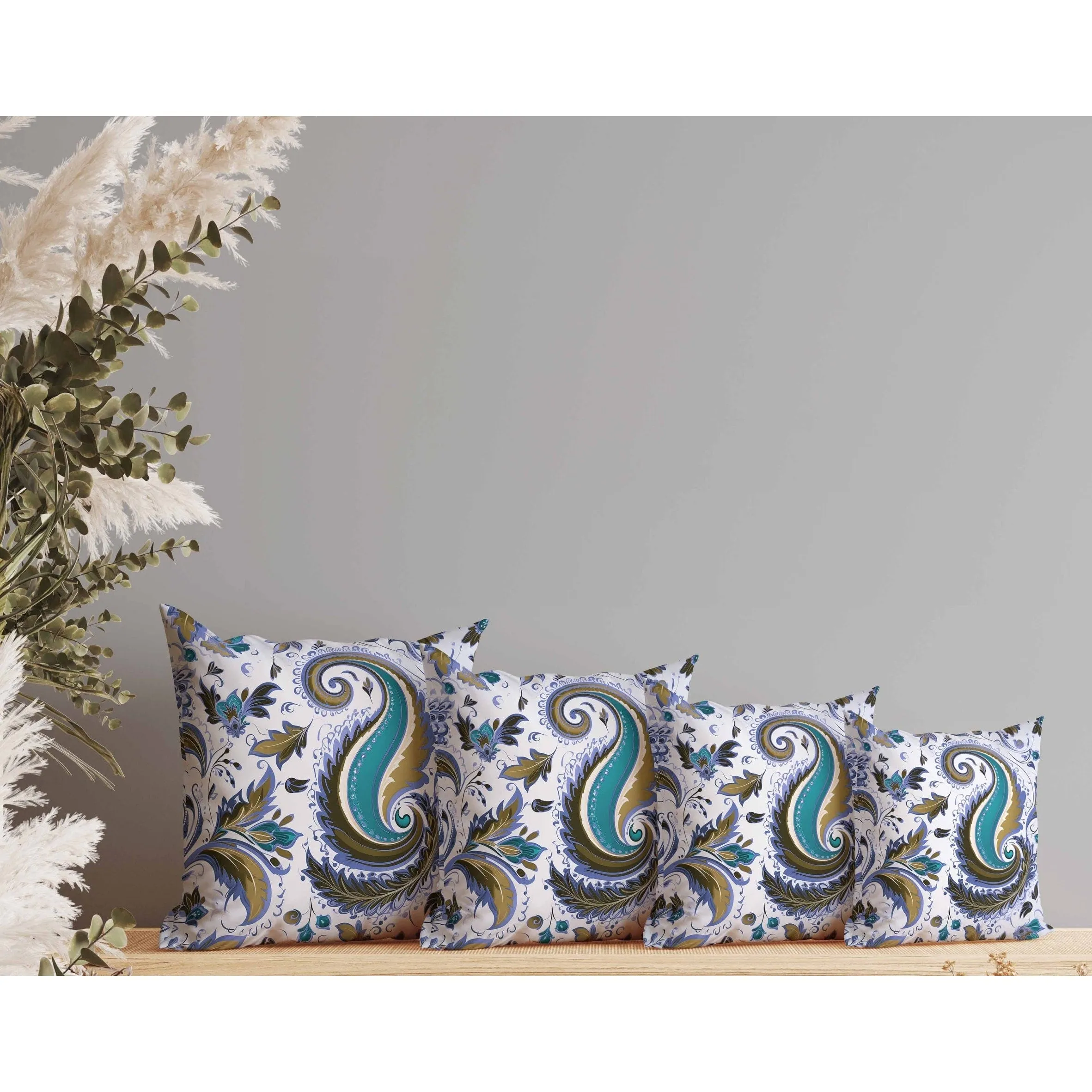 Lavish Paisley Faux Suede Reversible Throw Pillow Blue and Olive