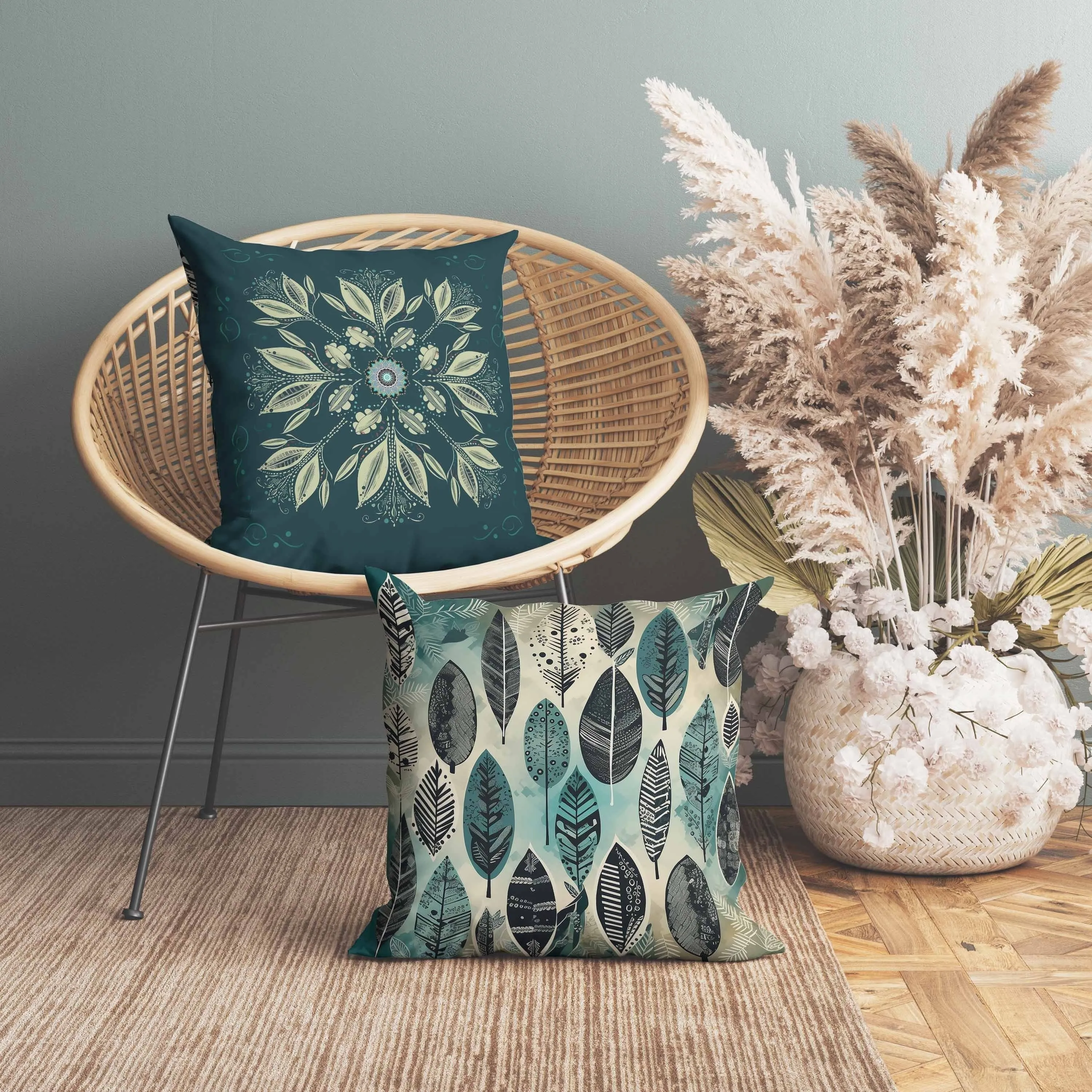 Leaf & Wing Whispers Faux Suede Reversible Throw Pillow Indigo and Cream