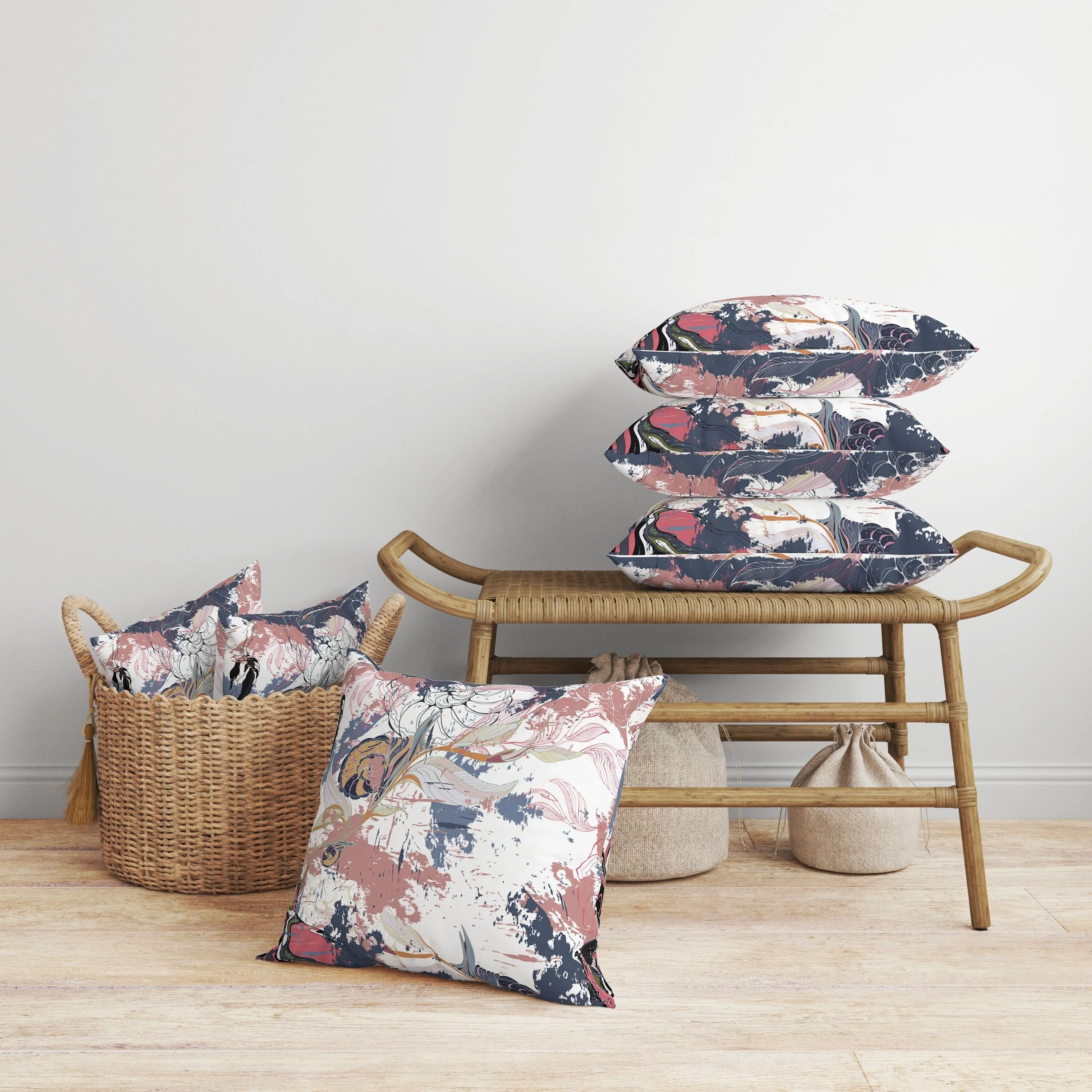 Leaf Lurker Faux Suede Reversible Throw Pillow White and Blue