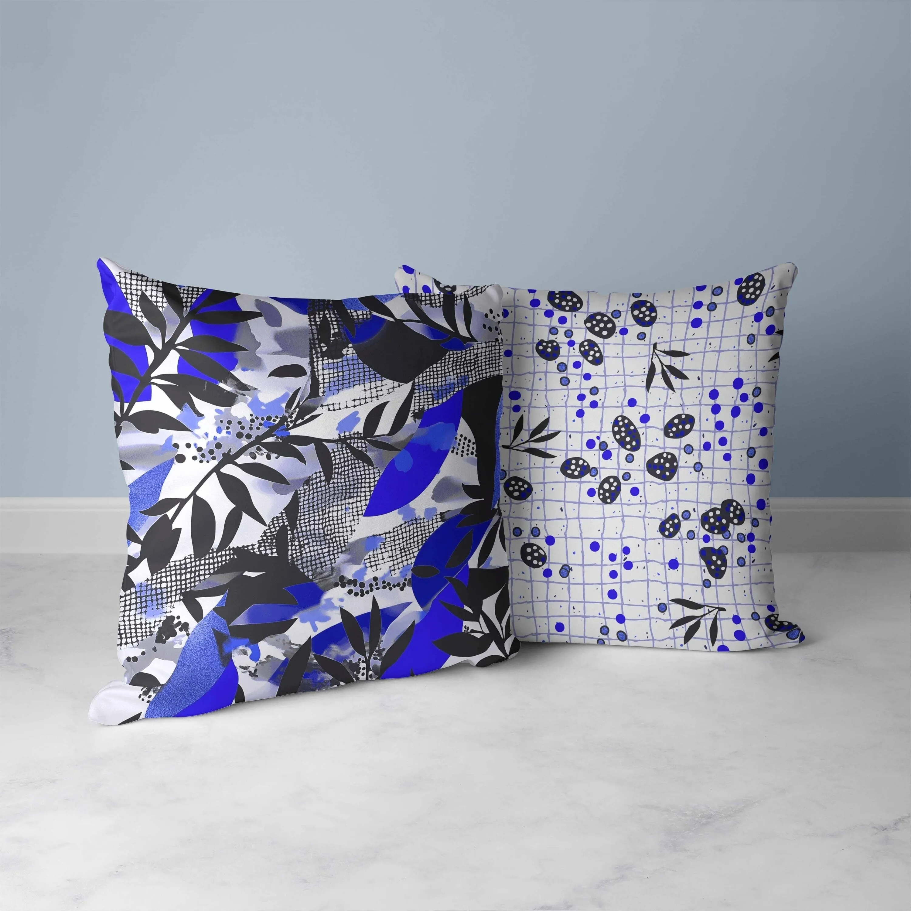 Leafy Collage Faux Suede Reversible Throw Pillow Blue and Gray