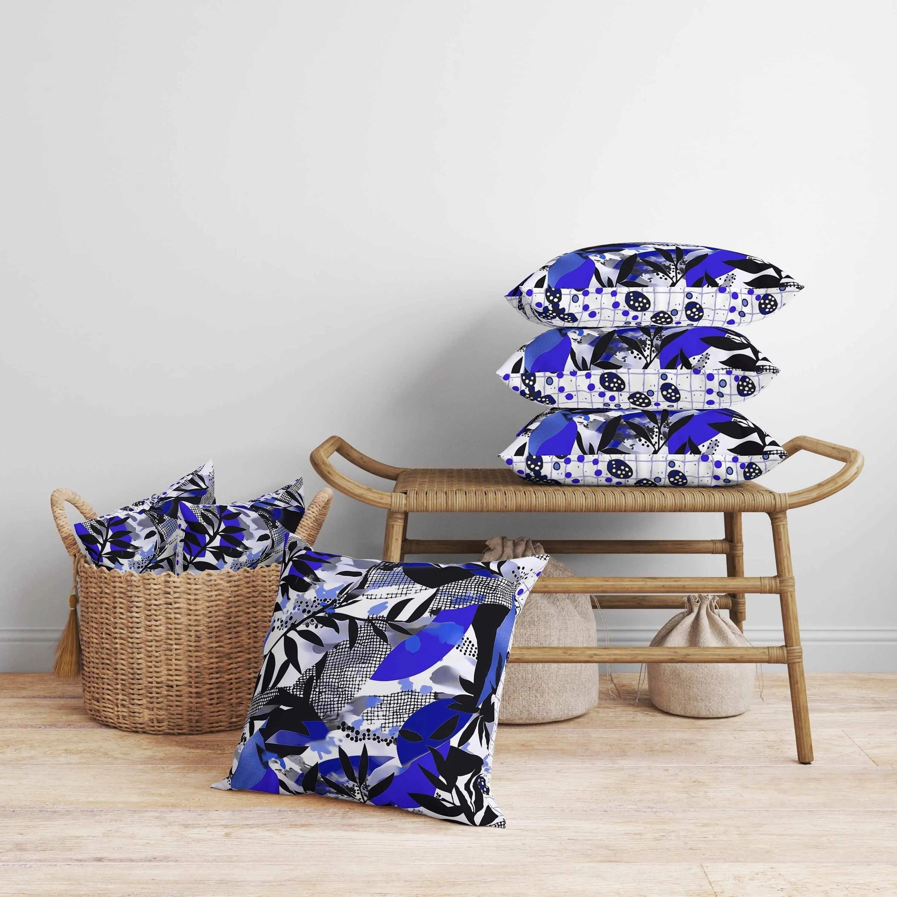 Leafy Collage Faux Suede Reversible Throw Pillow Blue and Gray