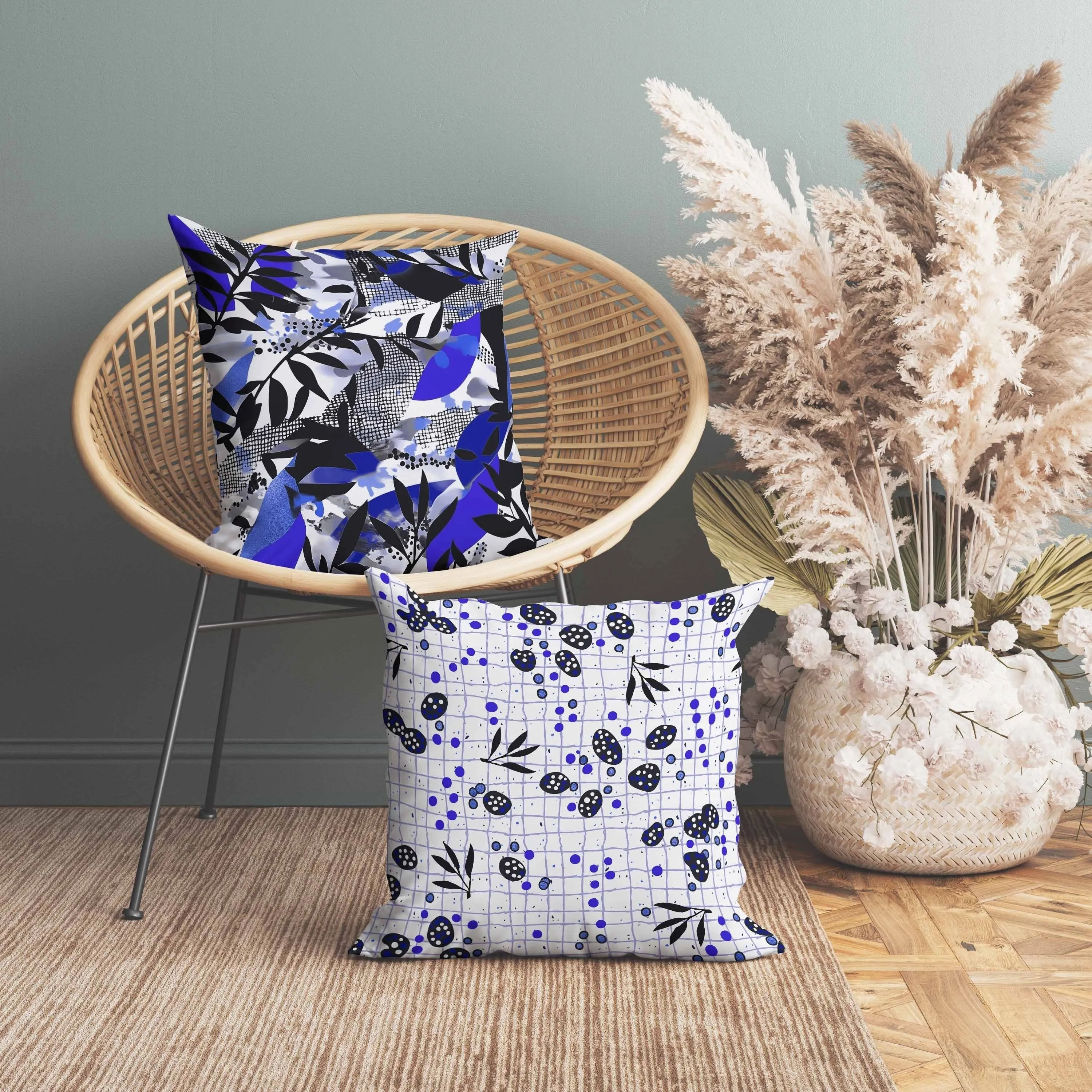 Leafy Collage Faux Suede Reversible Throw Pillow Blue and Gray