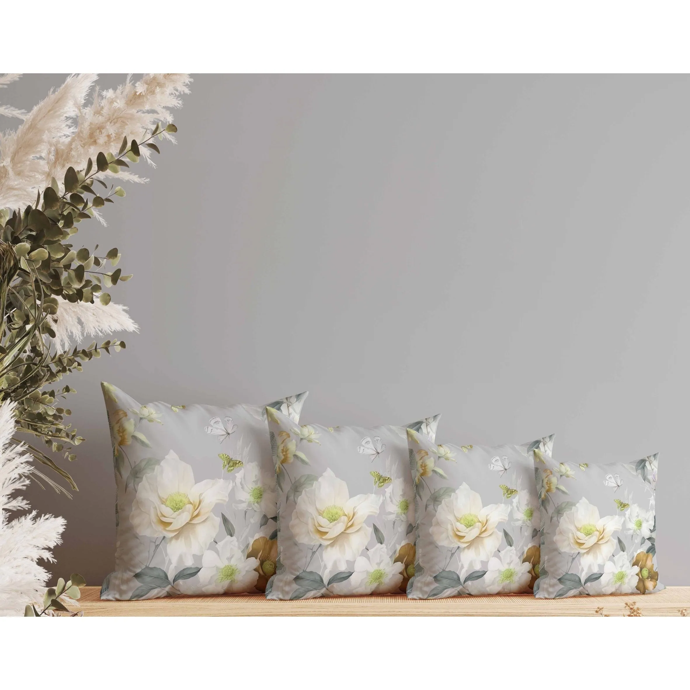 Leafy Lepidoptera Medley Faux Suede Reversible Throw Pillow Grey and Gold