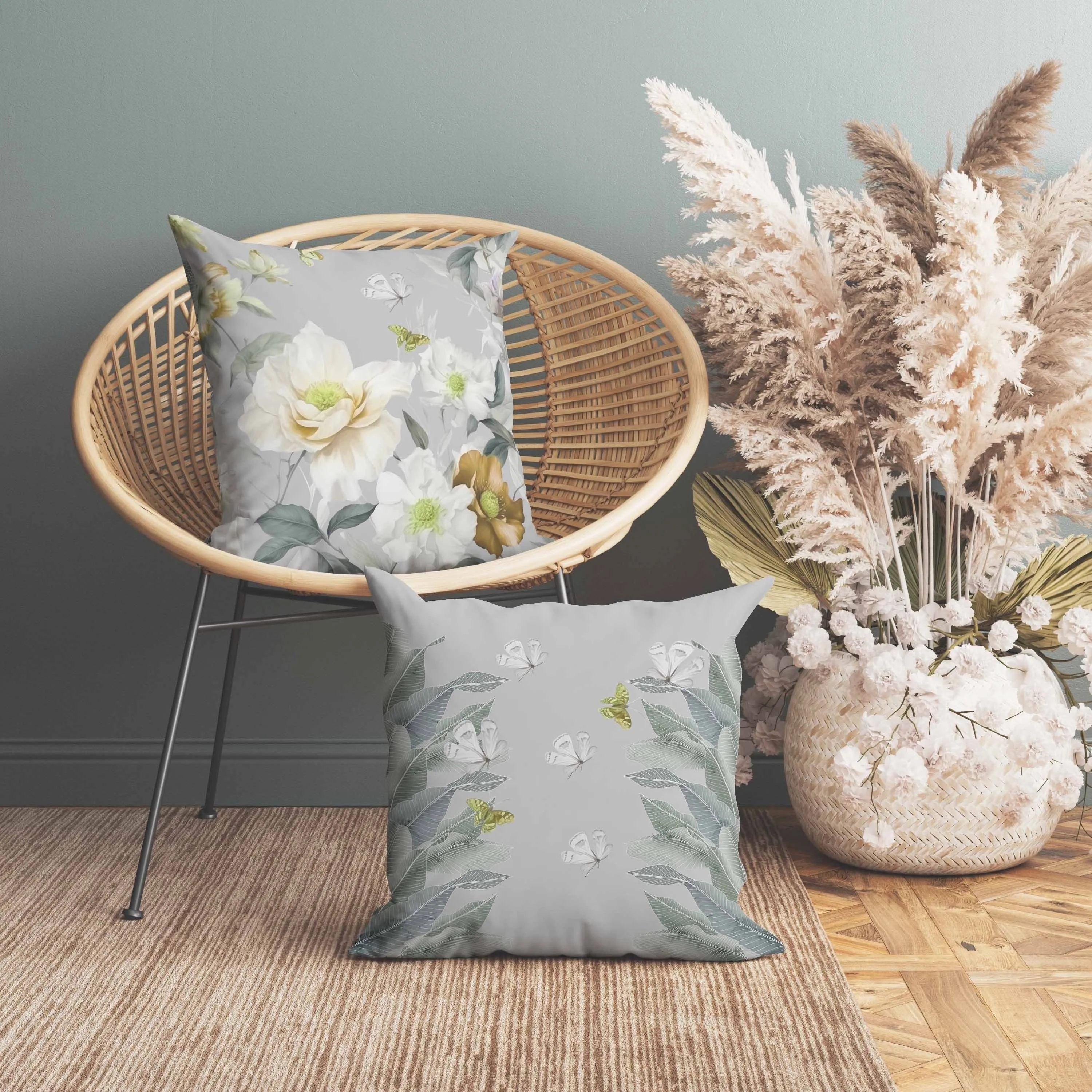 Leafy Lepidoptera Medley Faux Suede Reversible Throw Pillow Grey and Gold