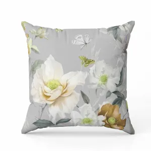 Leafy Lepidoptera Medley Faux Suede Reversible Throw Pillow Grey and Gold