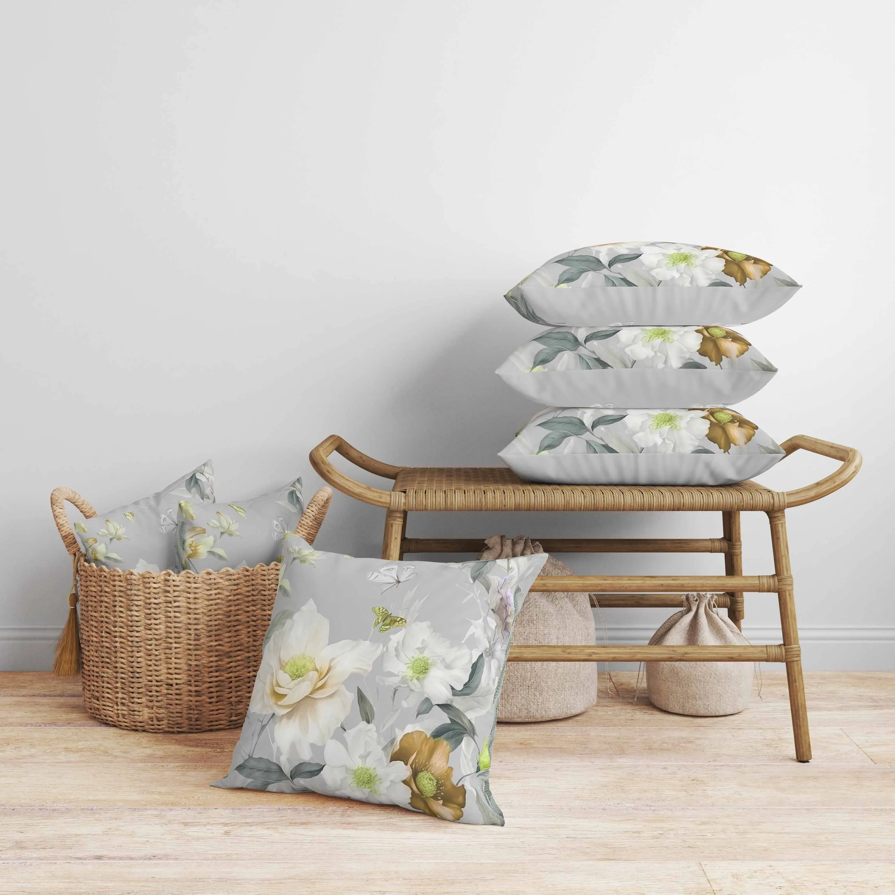 Leafy Lepidoptera Medley Faux Suede Reversible Throw Pillow Grey and Gold
