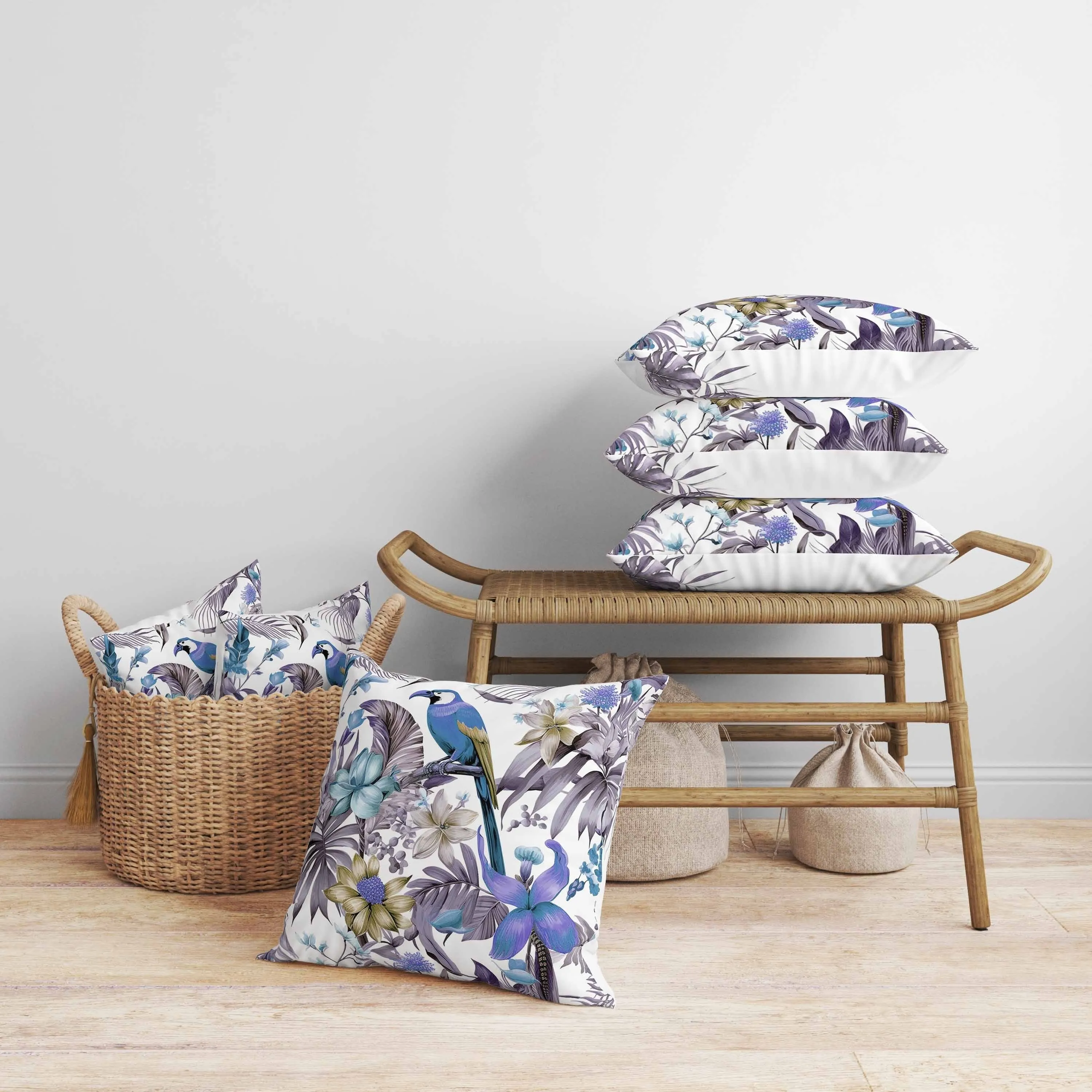 Leafy Lyricist Faux Suede Reversible Throw Pillow White and Blue
