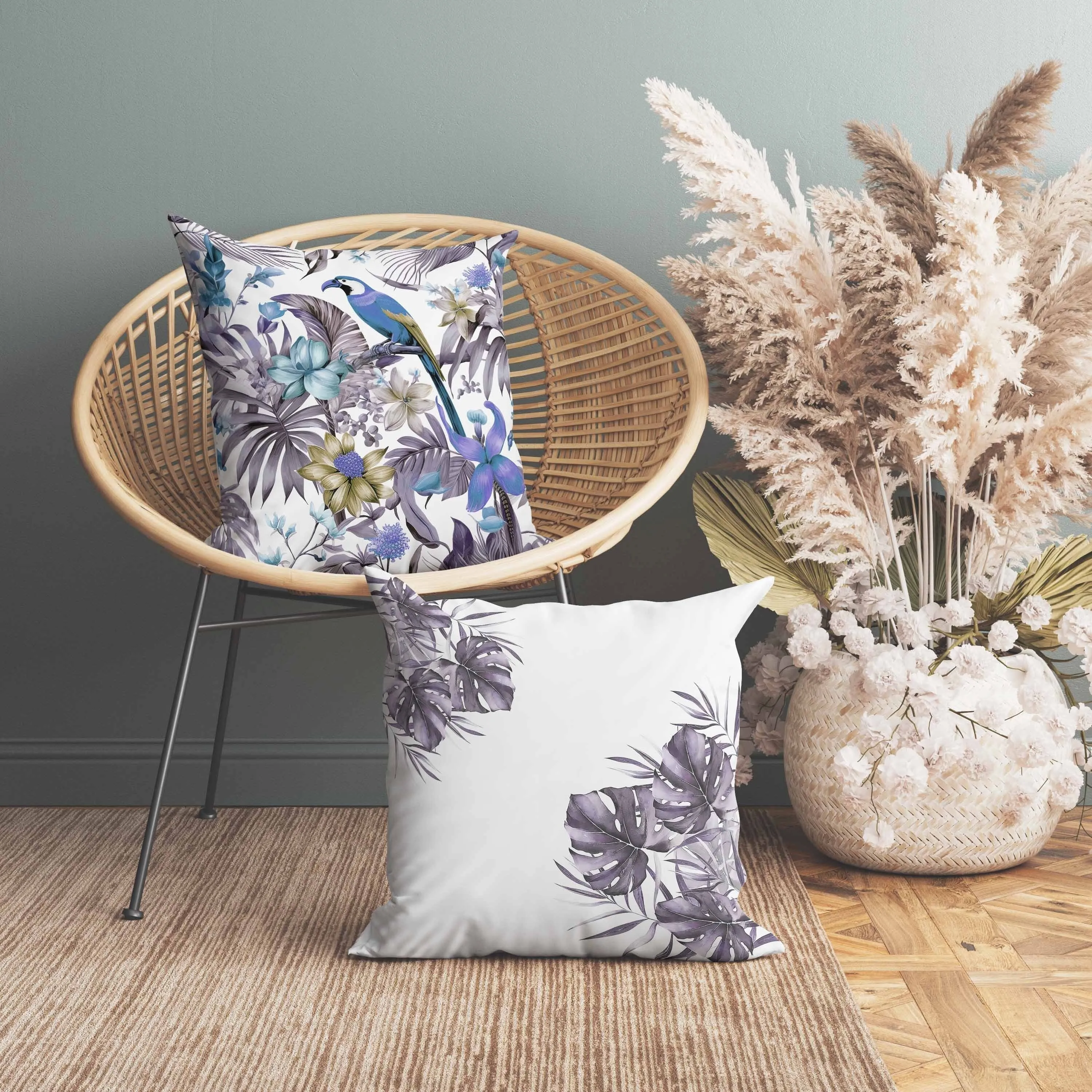 Leafy Lyricist Faux Suede Reversible Throw Pillow White and Blue