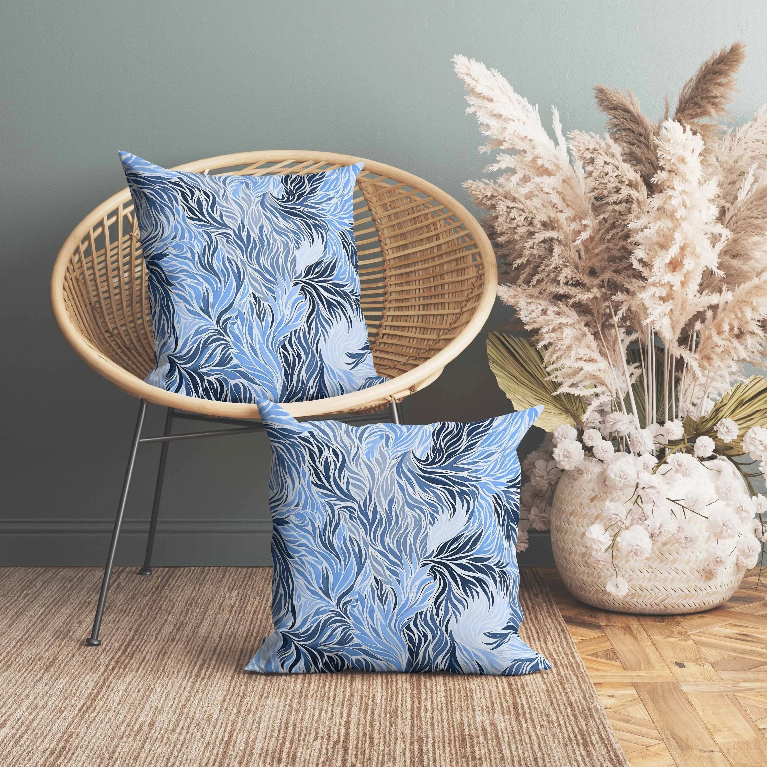 Leafy Whirl Faux Suede Reversible Throw Pillow White and Blue