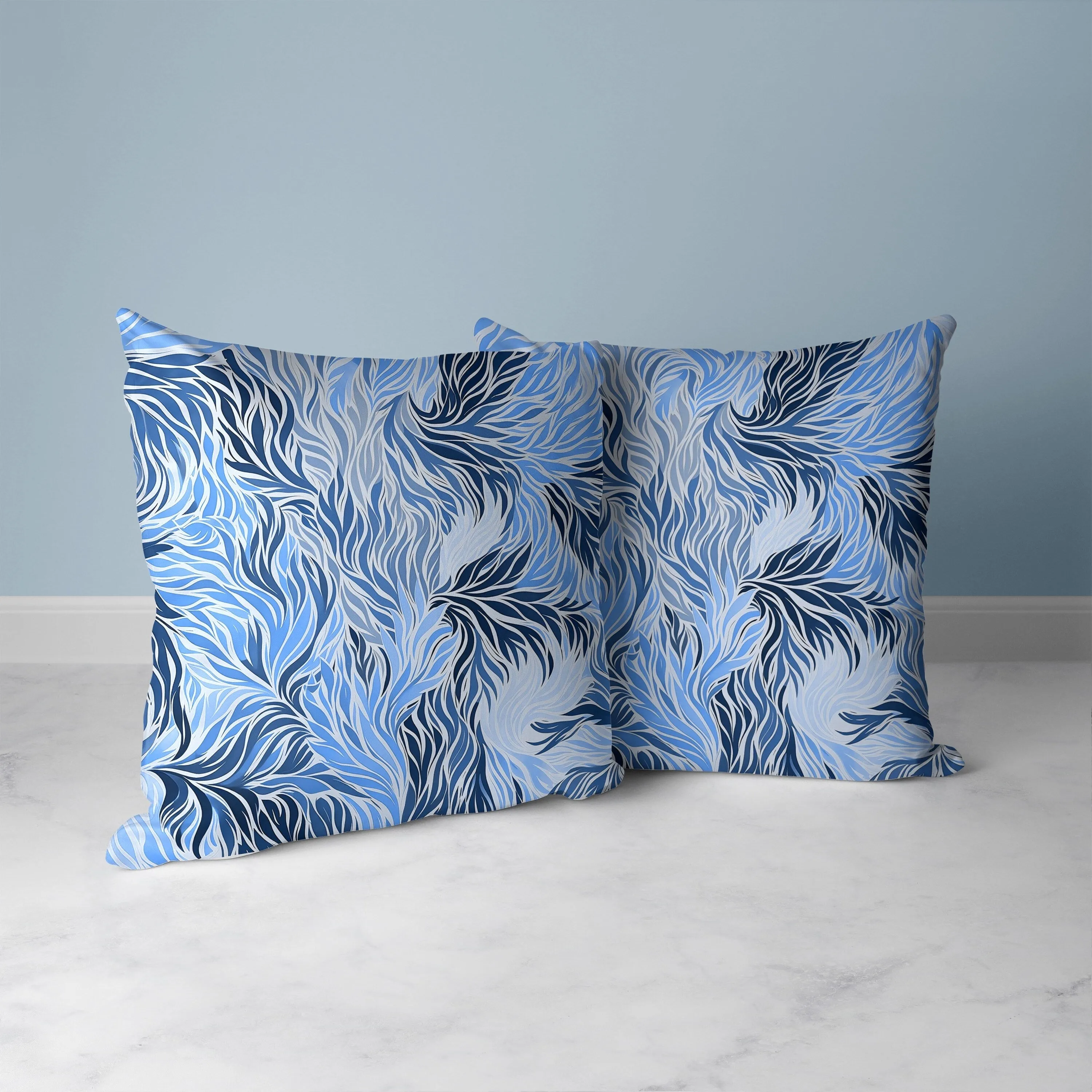 Leafy Whirl Faux Suede Reversible Throw Pillow White and Blue