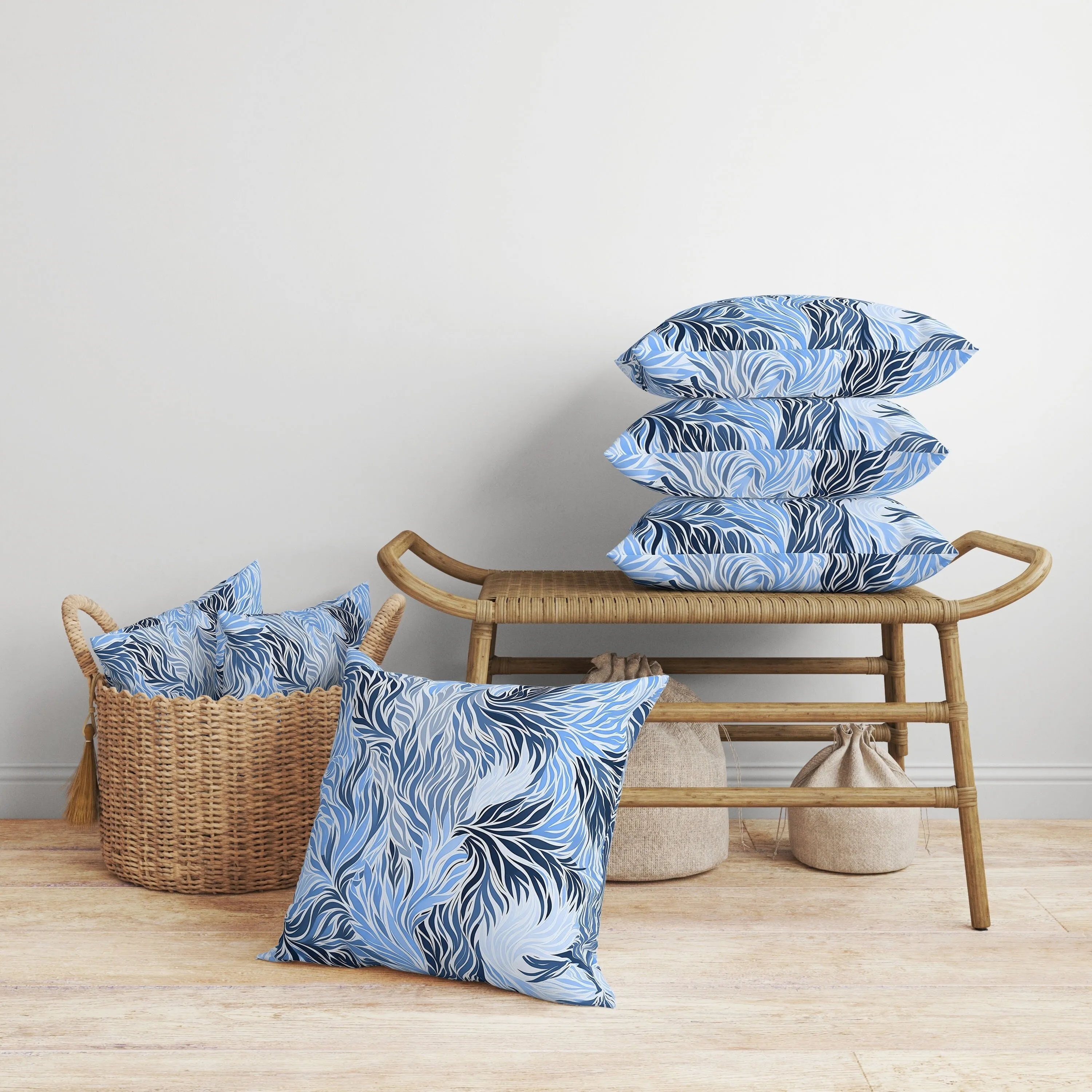 Leafy Whirl Faux Suede Reversible Throw Pillow White and Blue
