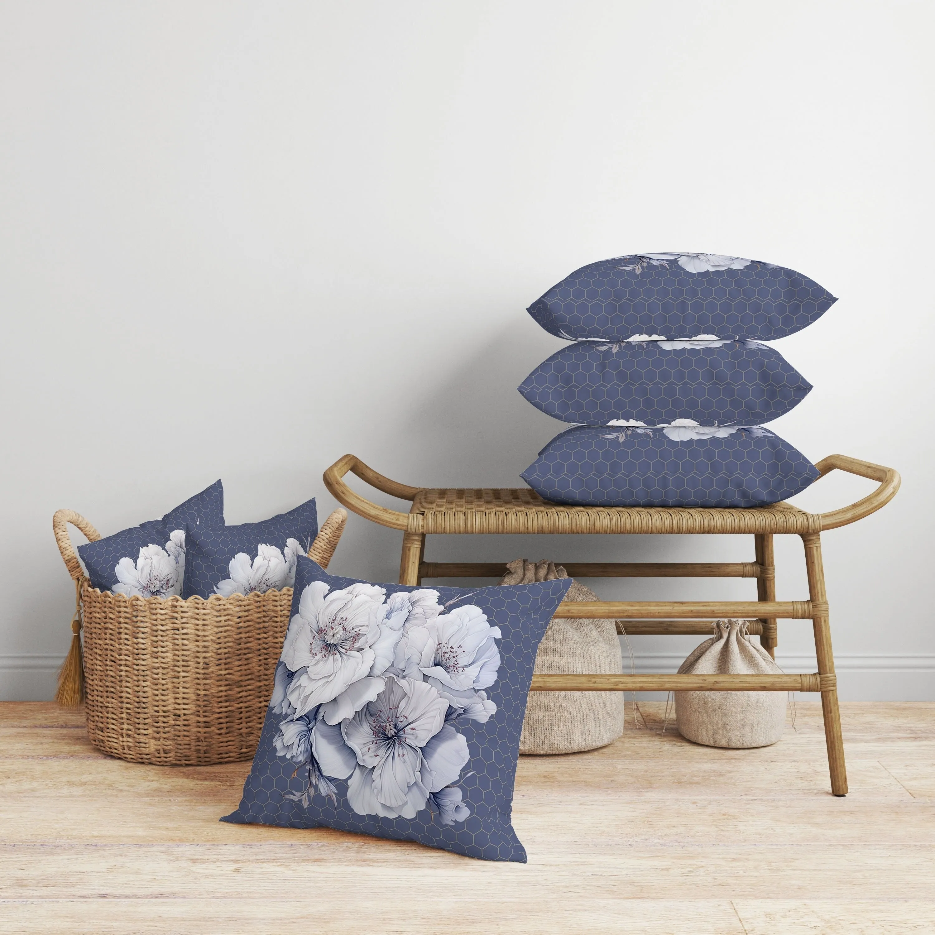 Magnolia Majesty Faux Suede Reversible Throw Pillow Blue and Fog