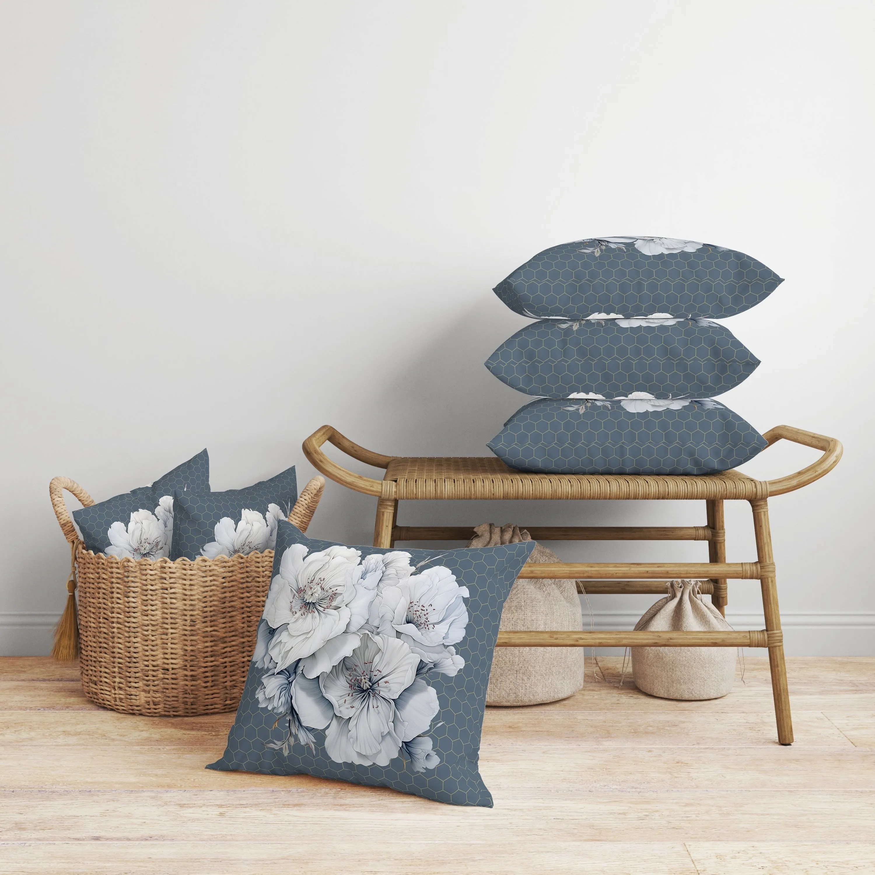 Magnolia Majesty Faux Suede Reversible Throw Pillow Prussian and Blue