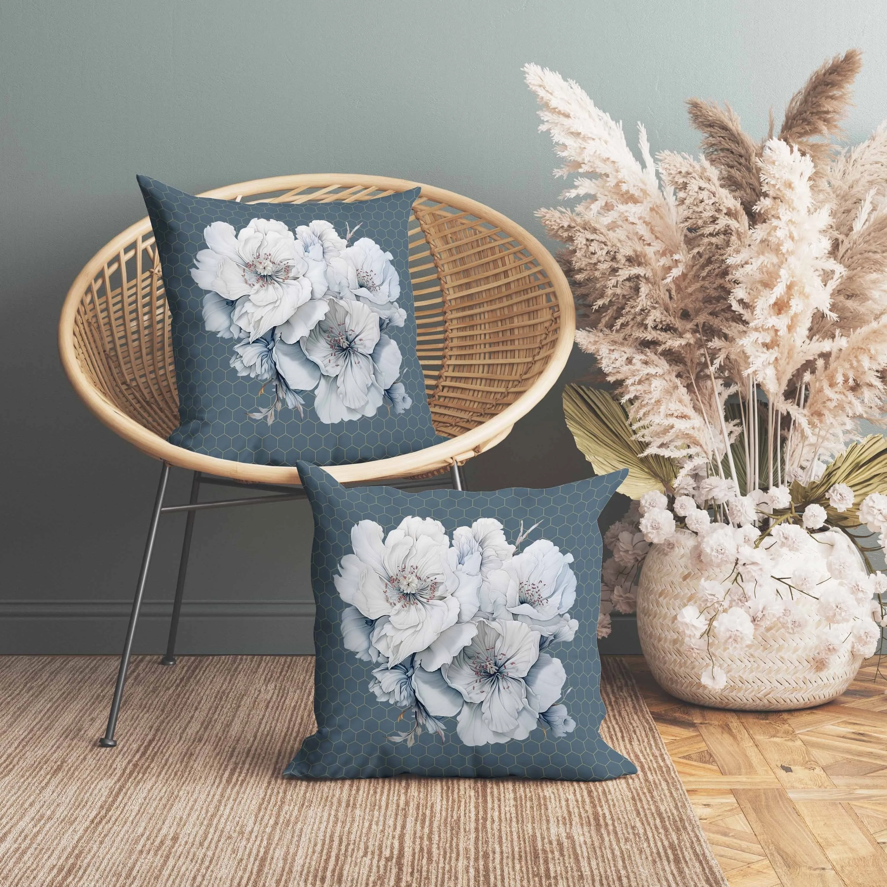 Magnolia Majesty Faux Suede Reversible Throw Pillow Prussian and Blue