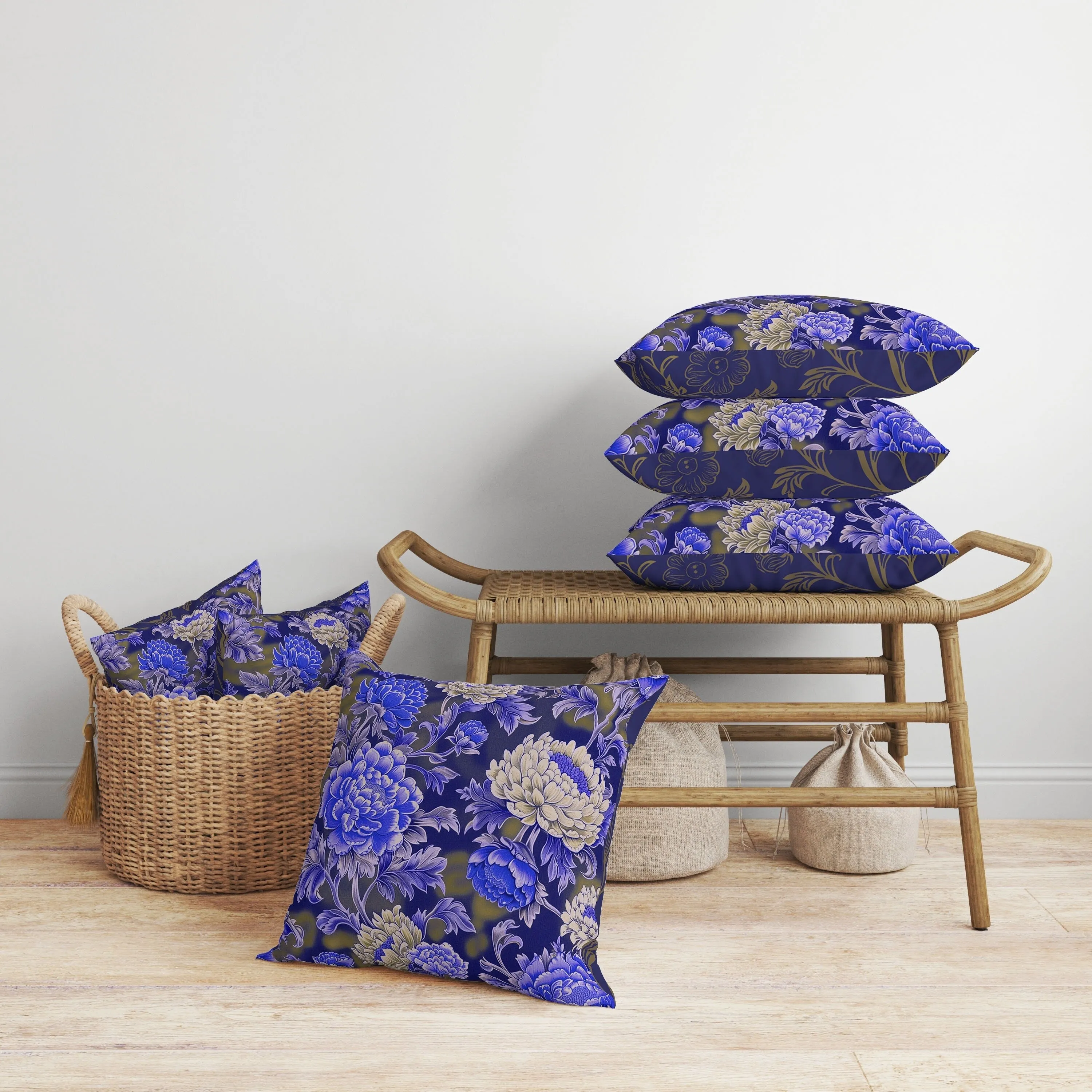 Meadow Bloom Faux Suede Reversible Throw Pillow Blue and Cream