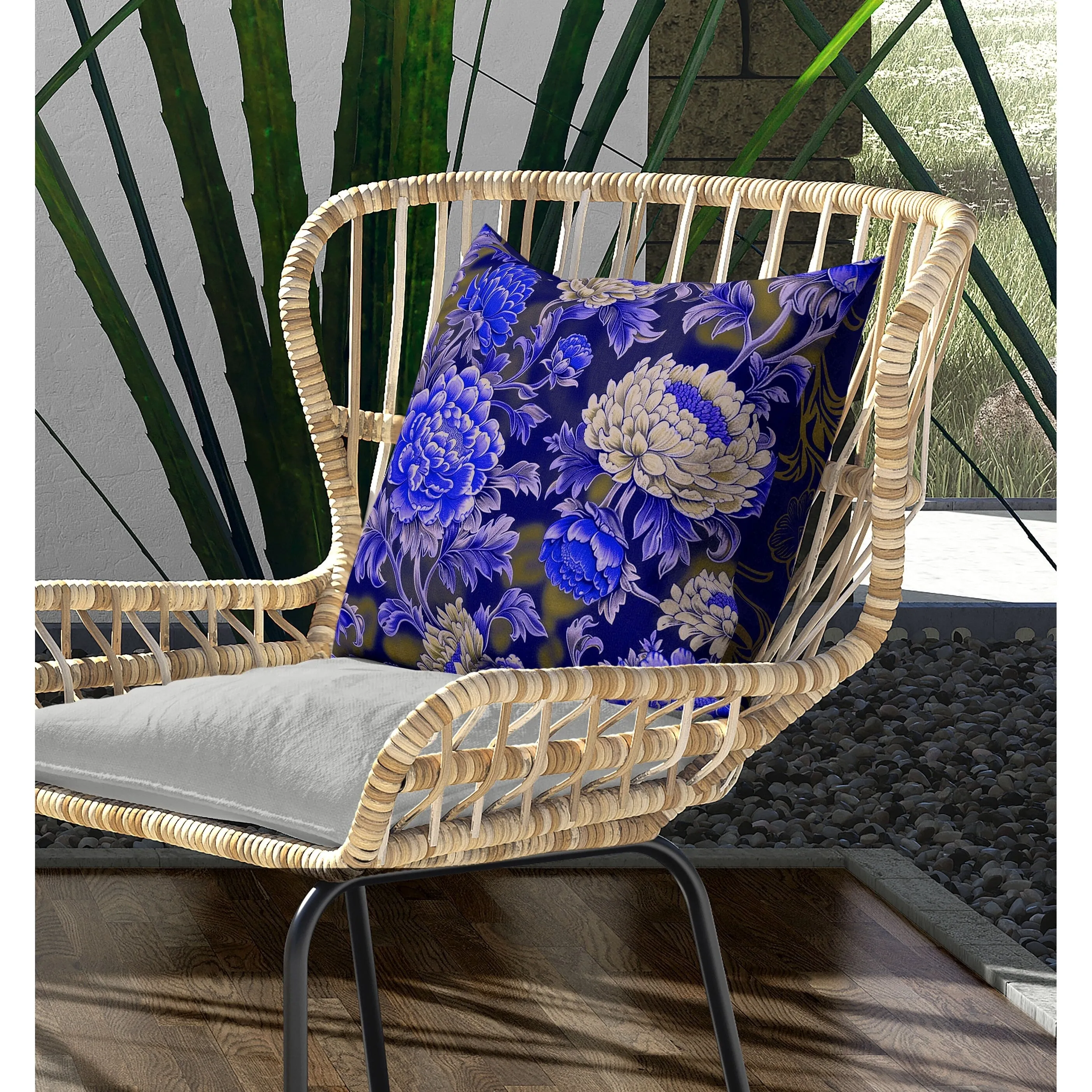 Meadow Bloom Indoor/Outdoor Reversible Throw Pillow Blue and Cream