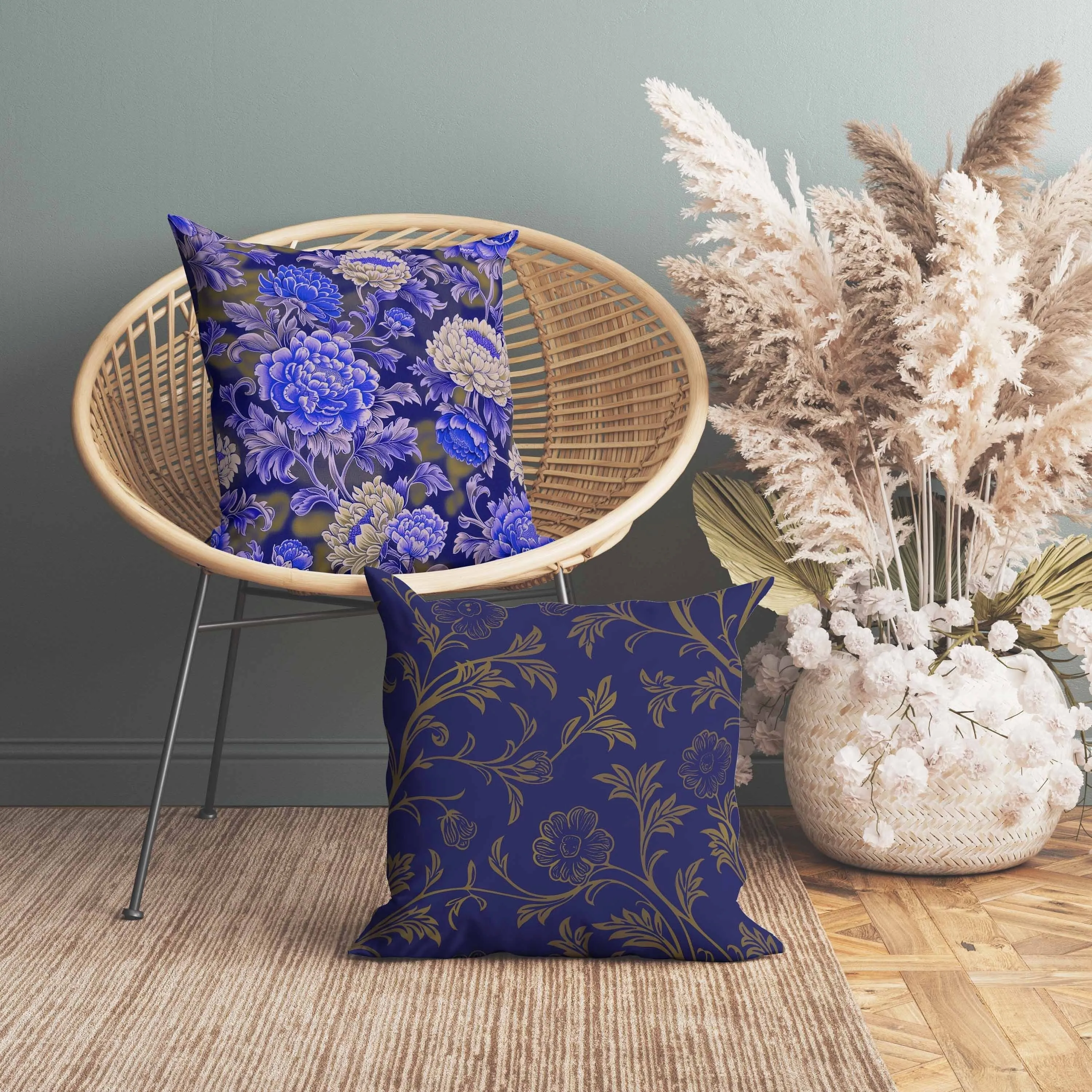 Meadow Bloom Indoor/Outdoor Reversible Throw Pillow Blue and Cream
