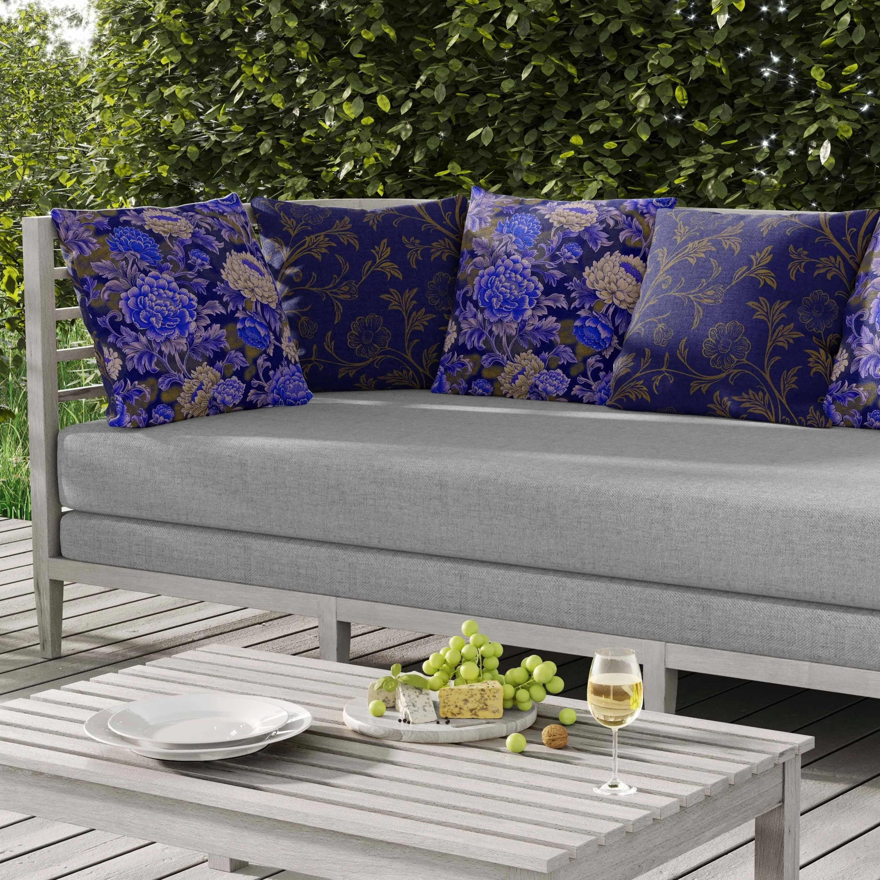 Meadow Bloom Indoor/Outdoor Reversible Throw Pillow Blue and Cream
