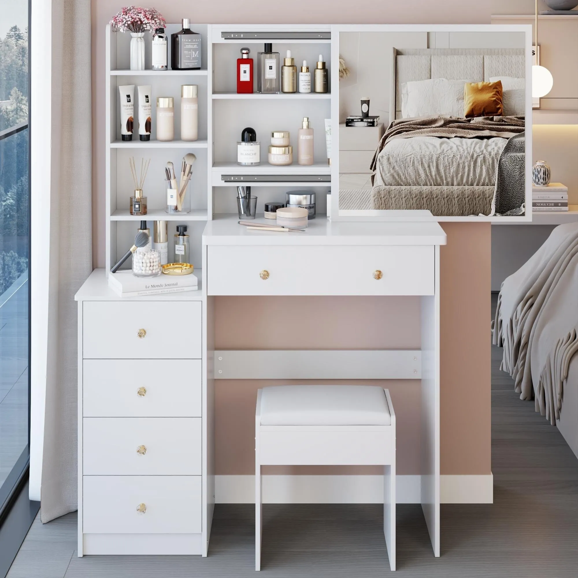 Middle Size Left Bedside Cabinet Vanity Table   Cushioned Stool.Large Right sliding mirror.Multi Layer High Capacity Storage