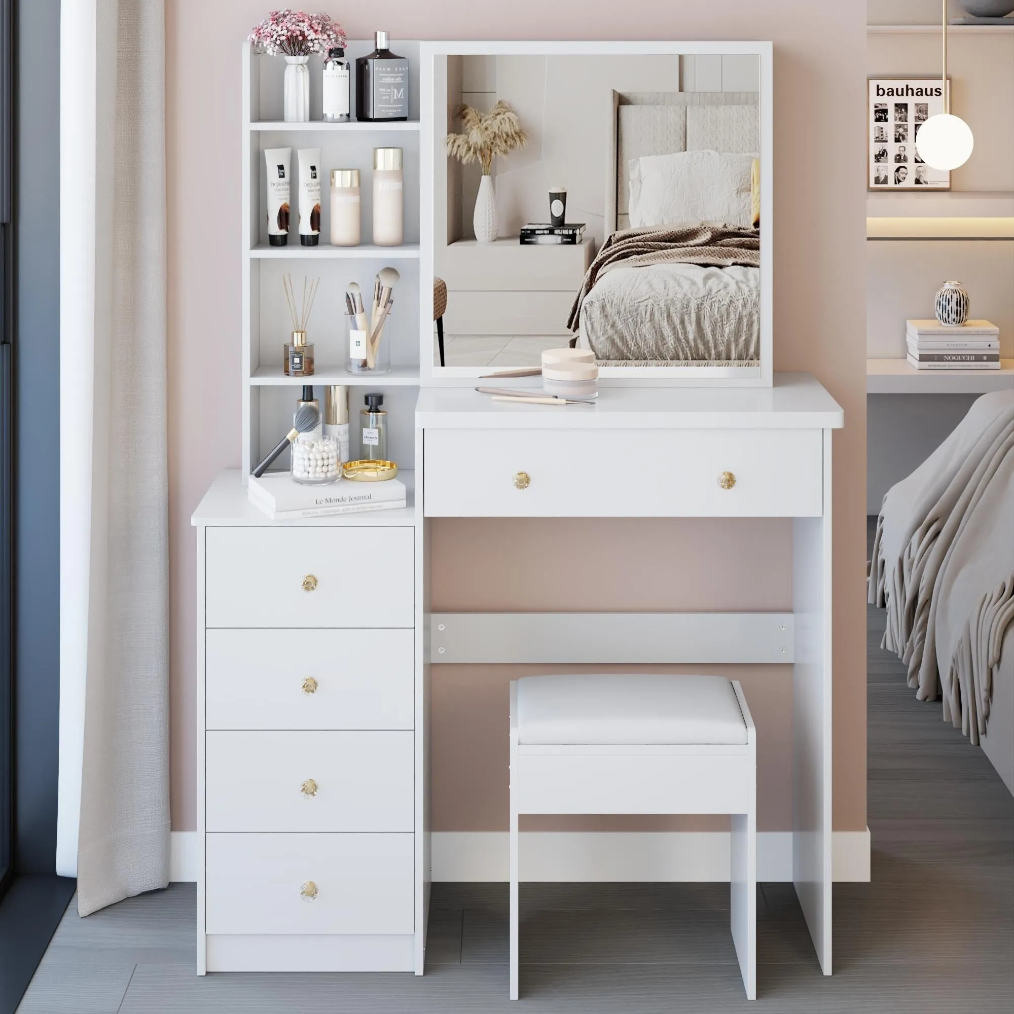 Middle Size Left Bedside Cabinet Vanity Table   Cushioned Stool.Large Right sliding mirror.Multi Layer High Capacity Storage