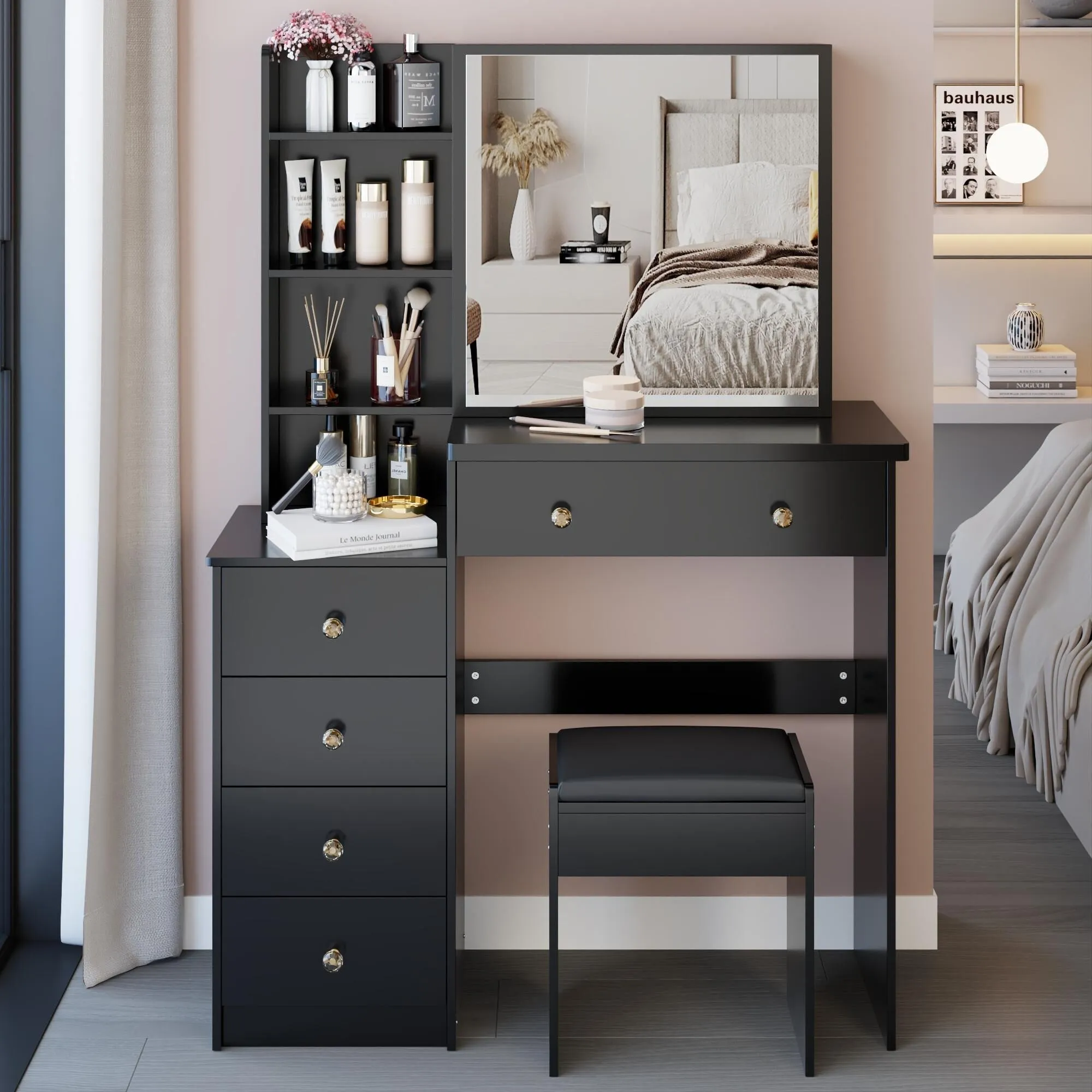 Middle Size Left Bedside Cabinet Vanity Table   Cushioned Stool.Large Right sliding mirror.Multi Layer High Capacity Storage