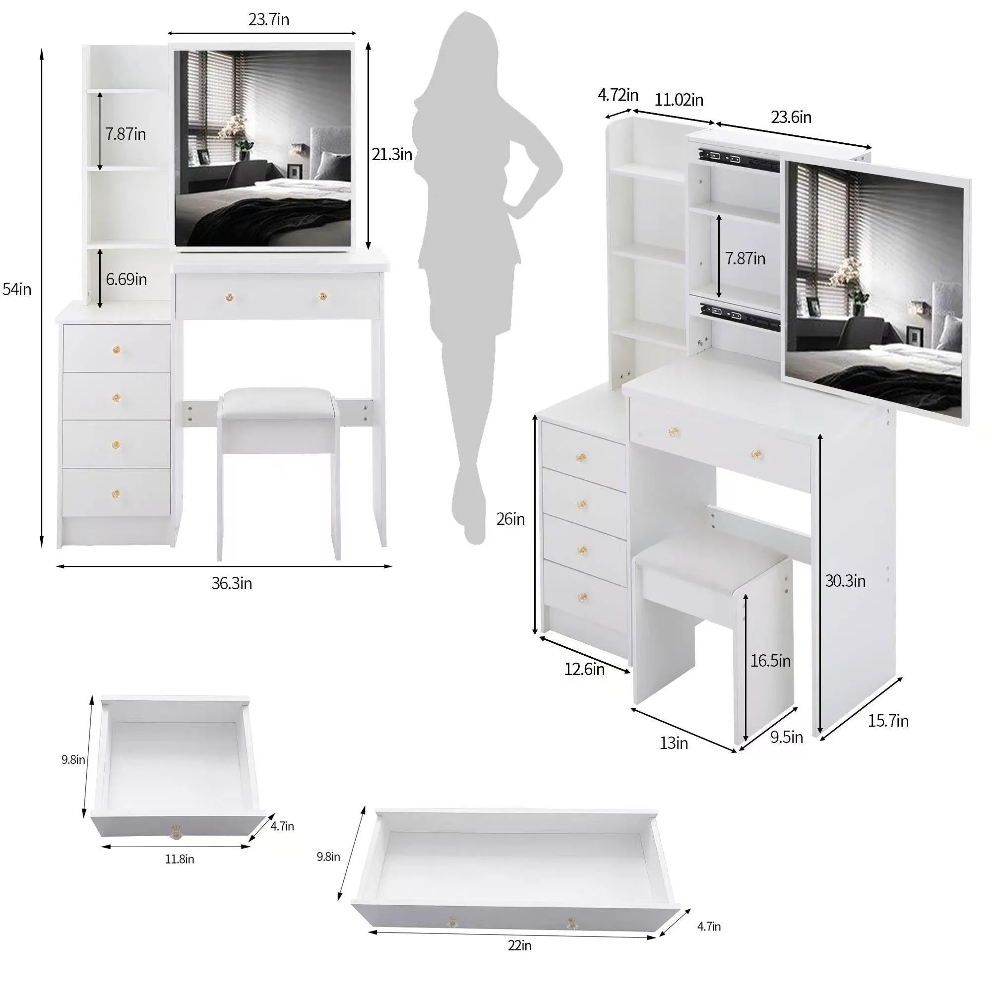 Middle Size Left Bedside Cabinet Vanity Table   Cushioned Stool.Large Right sliding mirror.Multi Layer High Capacity Storage