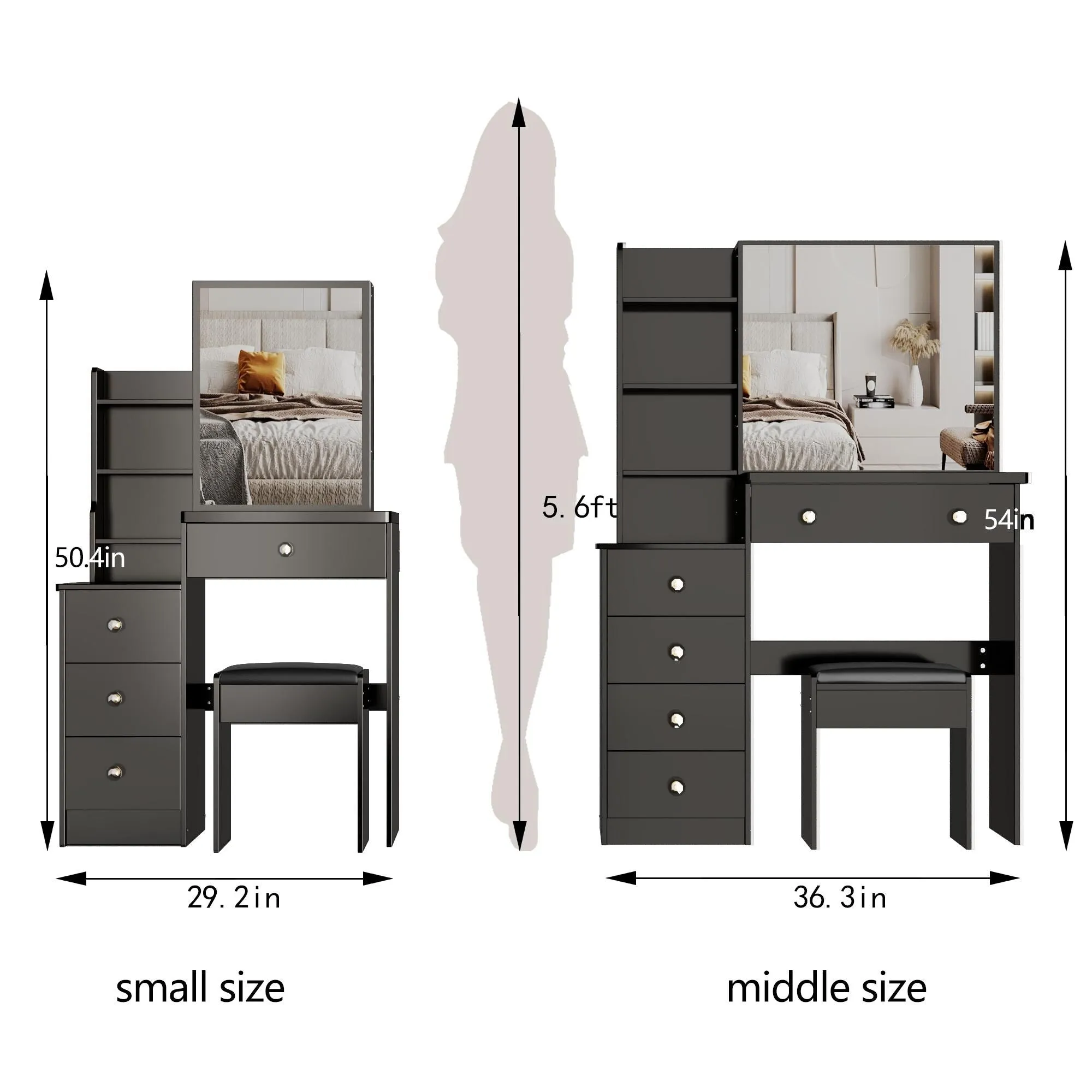 Middle Size Left Bedside Cabinet Vanity Table   Cushioned Stool.Large Right sliding mirror.Multi Layer High Capacity Storage