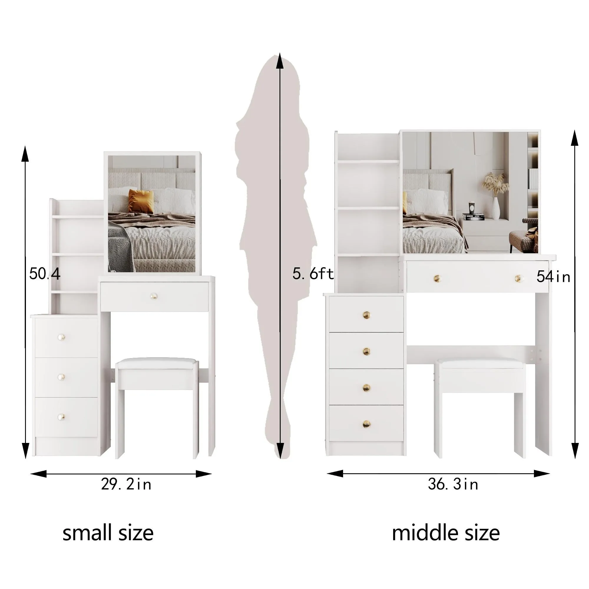 Middle Size Left Bedside Cabinet Vanity Table   Cushioned Stool.Large Right sliding mirror.Multi Layer High Capacity Storage