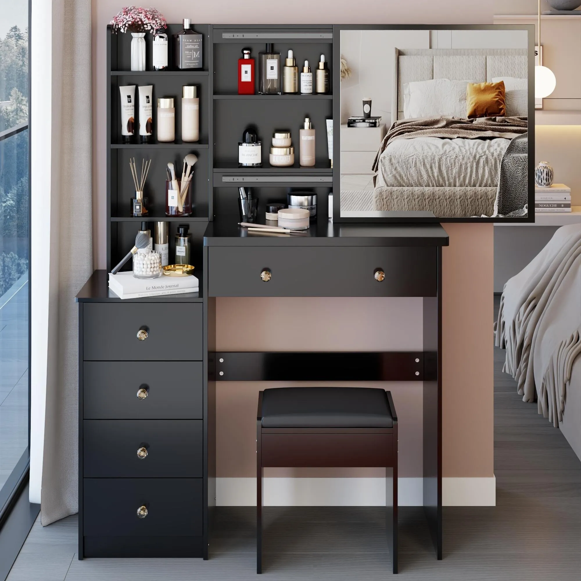 Middle Size Left Bedside Cabinet Vanity Table   Cushioned Stool.Large Right sliding mirror.Multi Layer High Capacity Storage