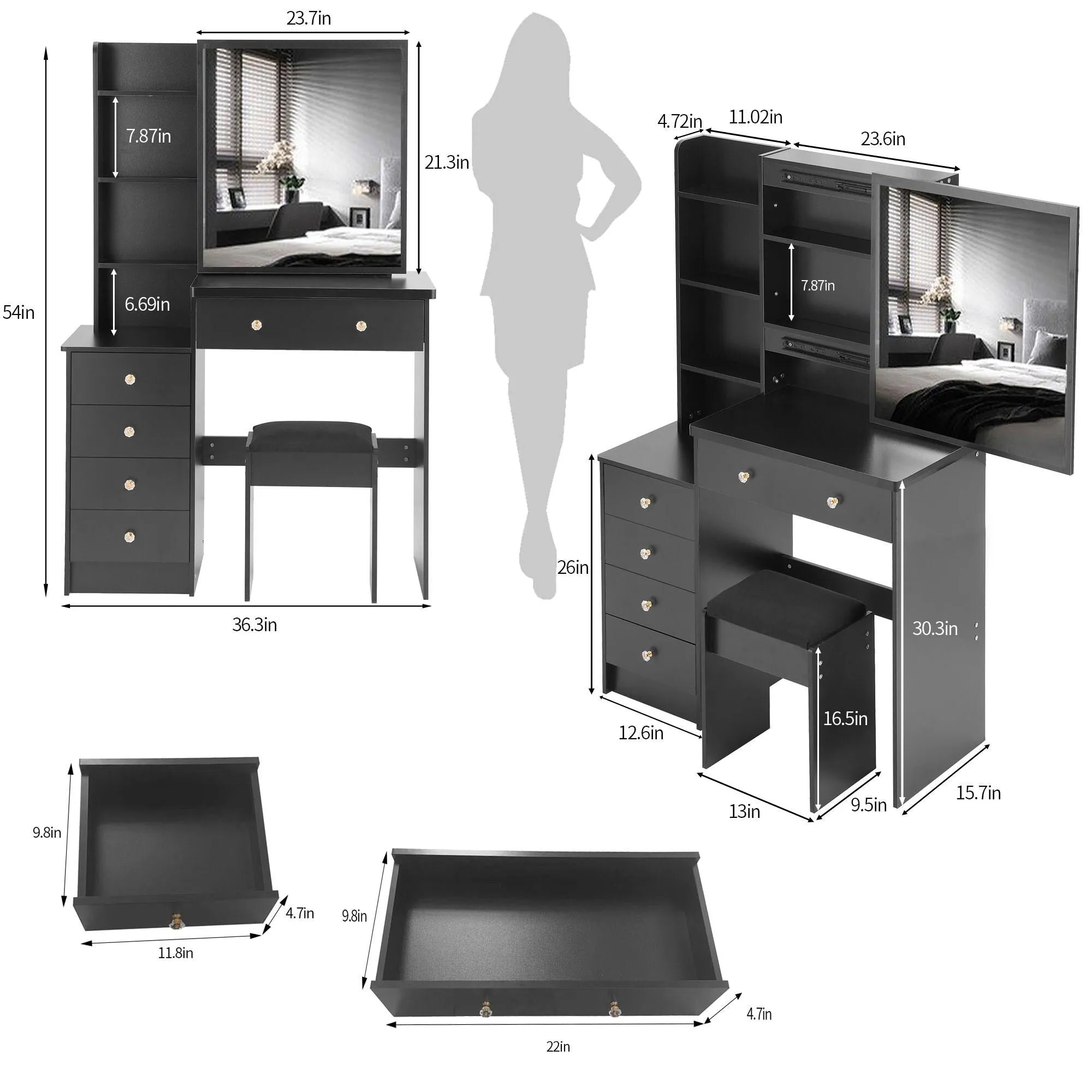Middle Size Left Bedside Cabinet Vanity Table   Cushioned Stool.Large Right sliding mirror.Multi Layer High Capacity Storage