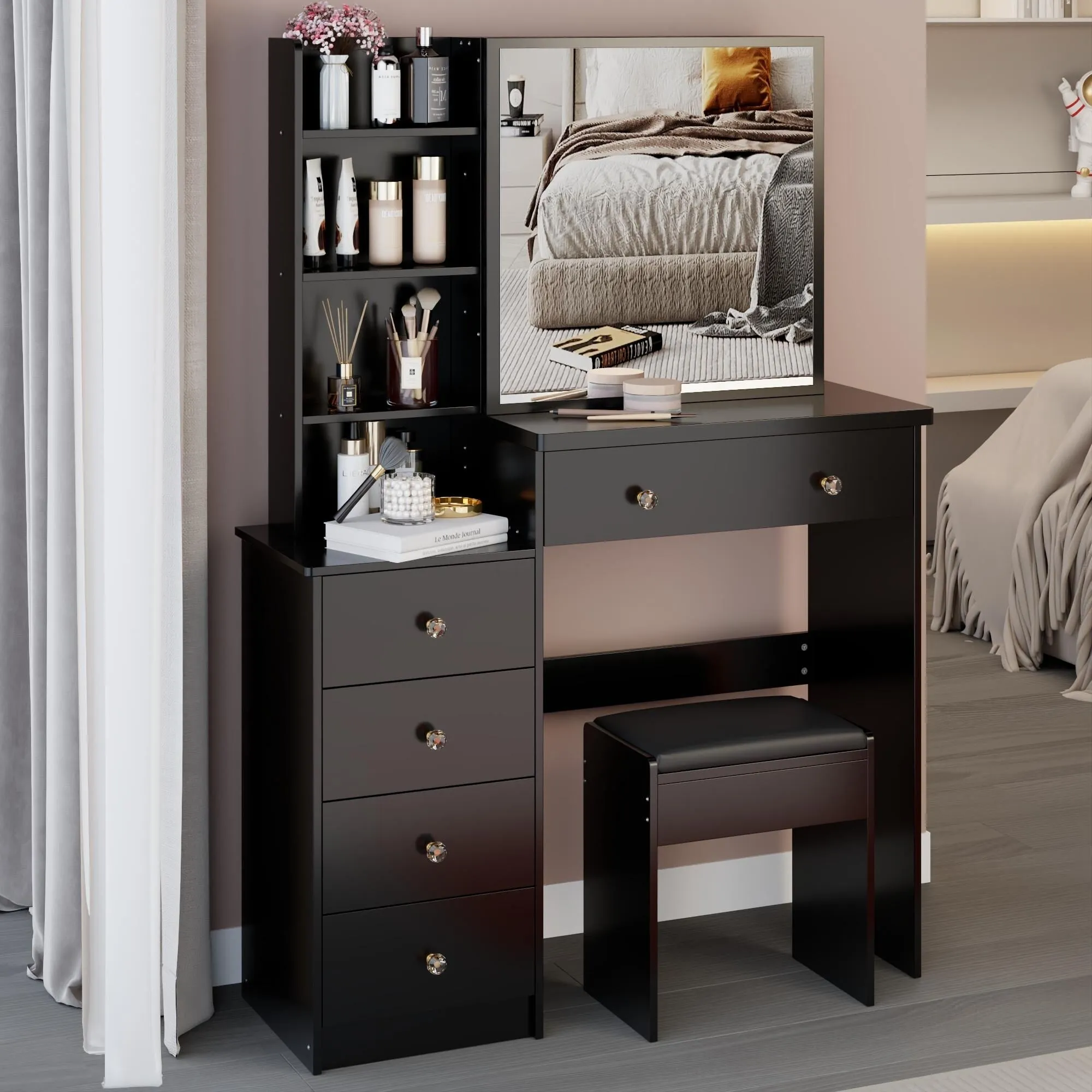 Middle Size Left Bedside Cabinet Vanity Table   Cushioned Stool.Large Right sliding mirror.Multi Layer High Capacity Storage