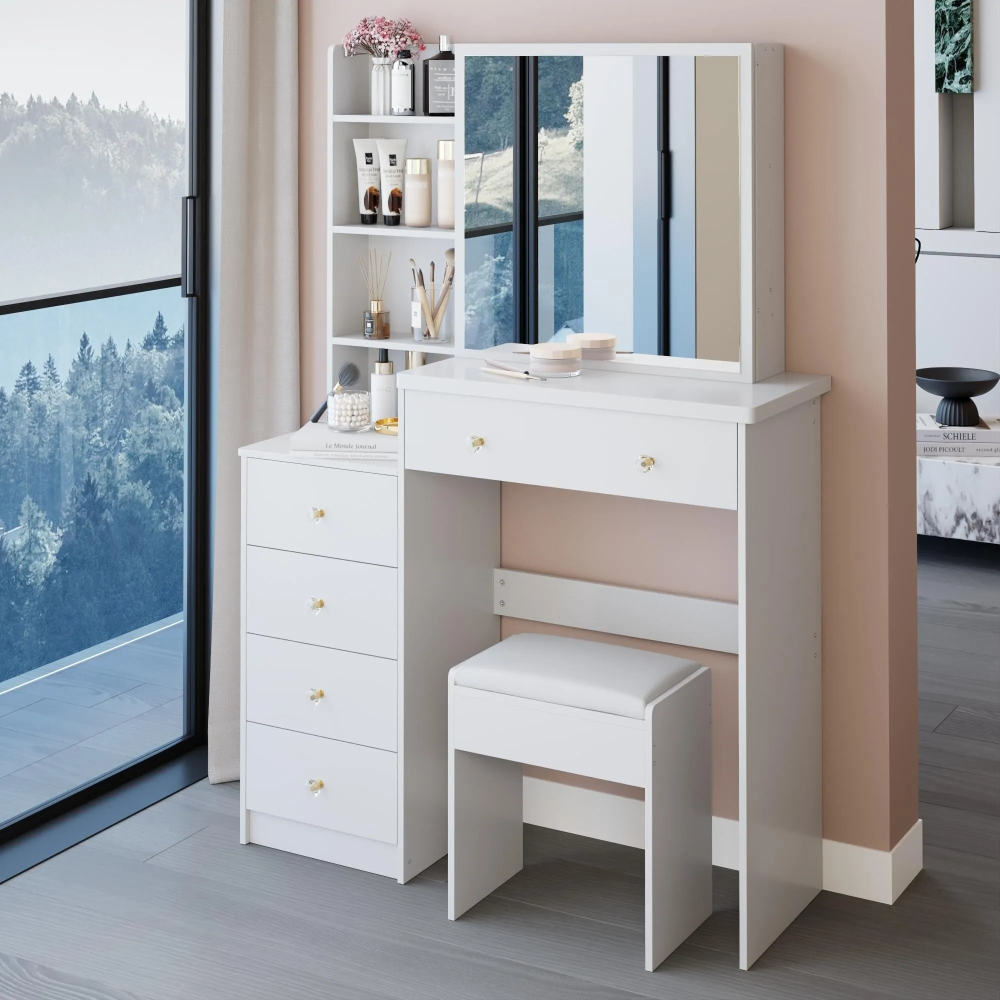 Middle Size Left Bedside Cabinet Vanity Table   Cushioned Stool.Large Right sliding mirror.Multi Layer High Capacity Storage