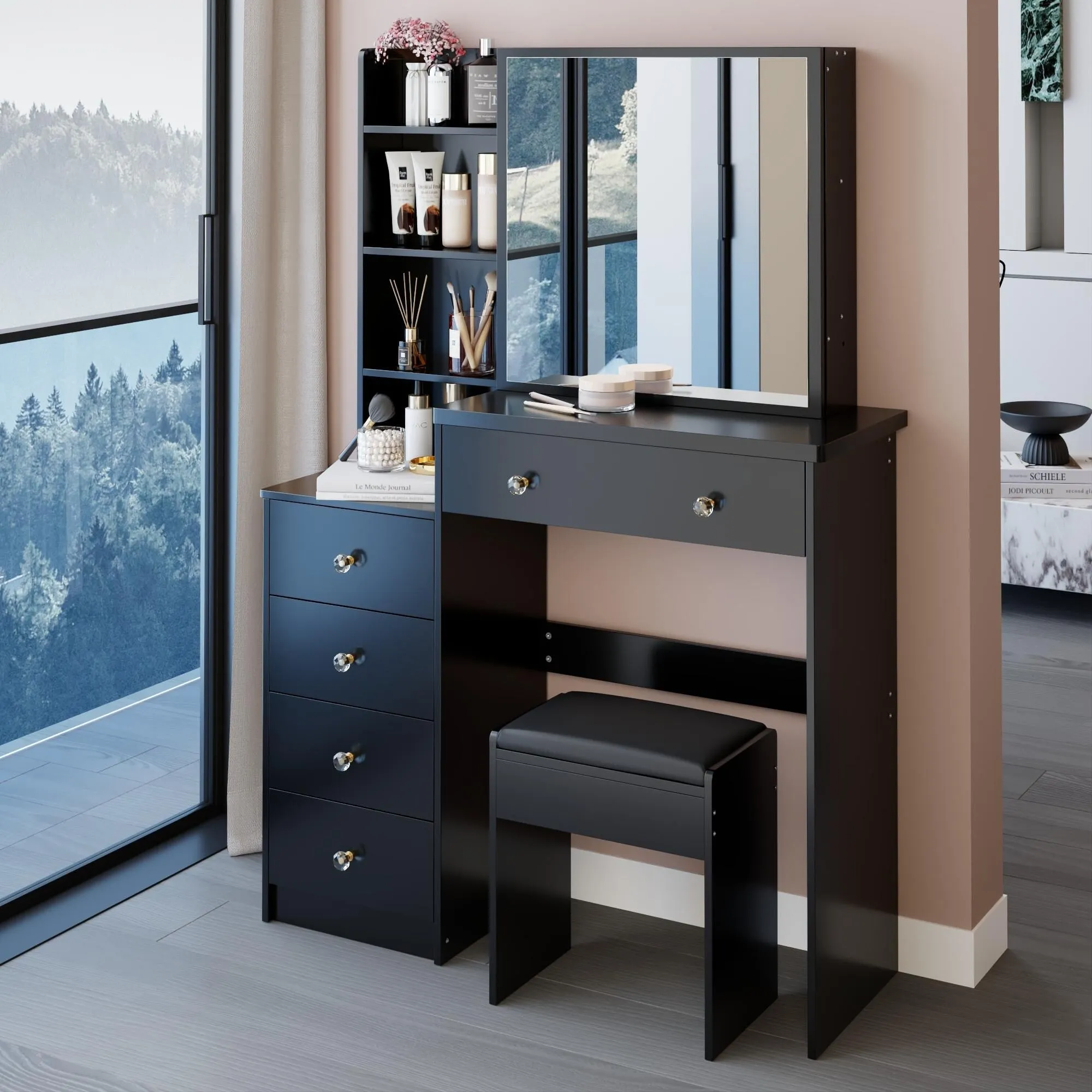 Middle Size Left Bedside Cabinet Vanity Table   Cushioned Stool.Large Right sliding mirror.Multi Layer High Capacity Storage