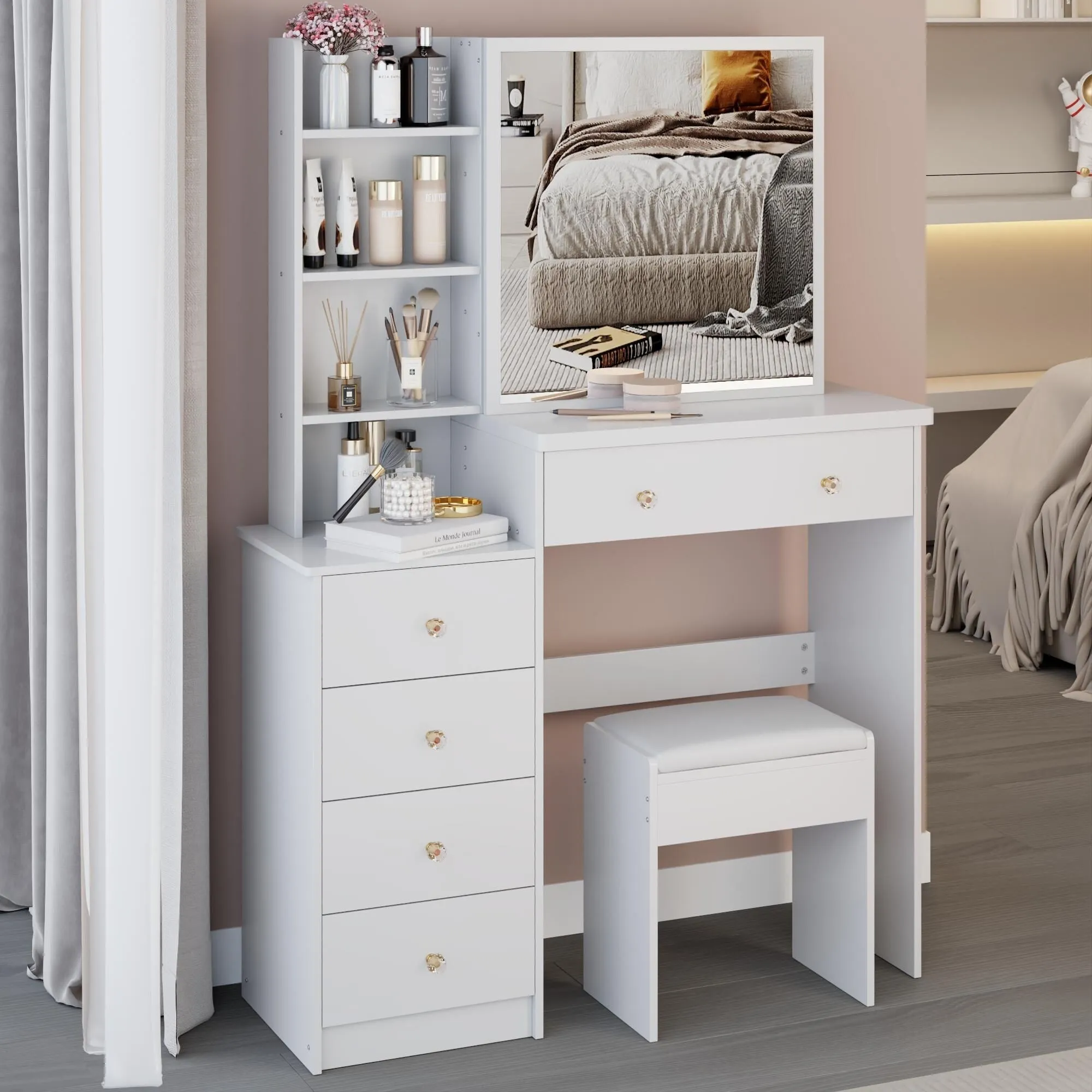 Middle Size Left Bedside Cabinet Vanity Table   Cushioned Stool.Large Right sliding mirror.Multi Layer High Capacity Storage