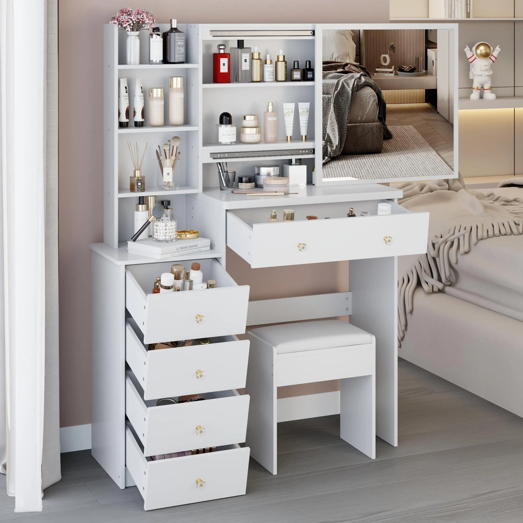Middle Size Left Bedside Cabinet Vanity Table   Cushioned Stool.Large Right sliding mirror.Multi Layer High Capacity Storage