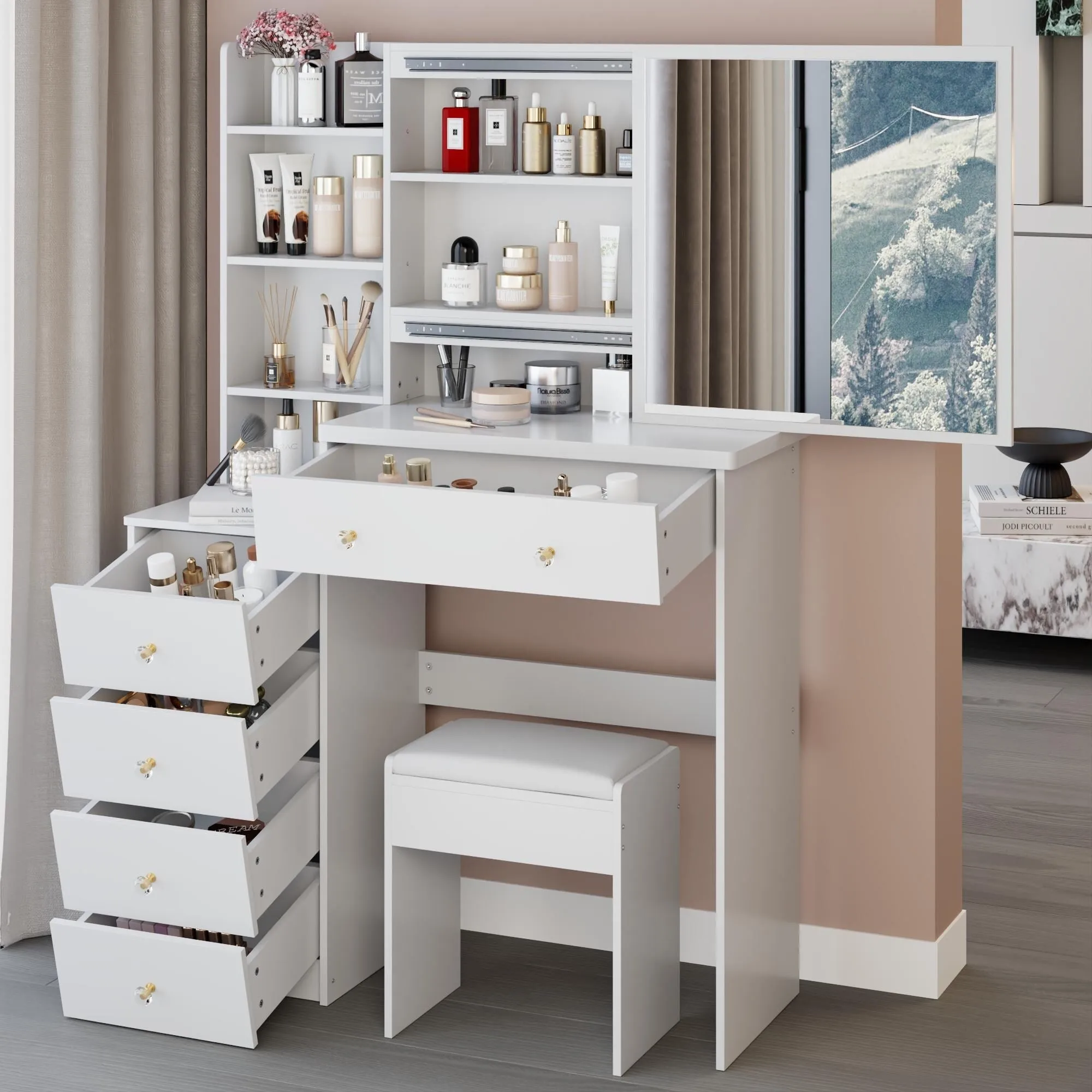 Middle Size Left Bedside Cabinet Vanity Table   Cushioned Stool.Large Right sliding mirror.Multi Layer High Capacity Storage