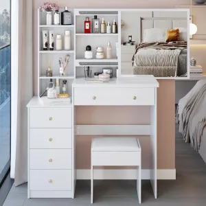 Middle Size Left Bedside Cabinet Vanity Table   Cushioned Stool.Large Right sliding mirror.Multi Layer High Capacity Storage