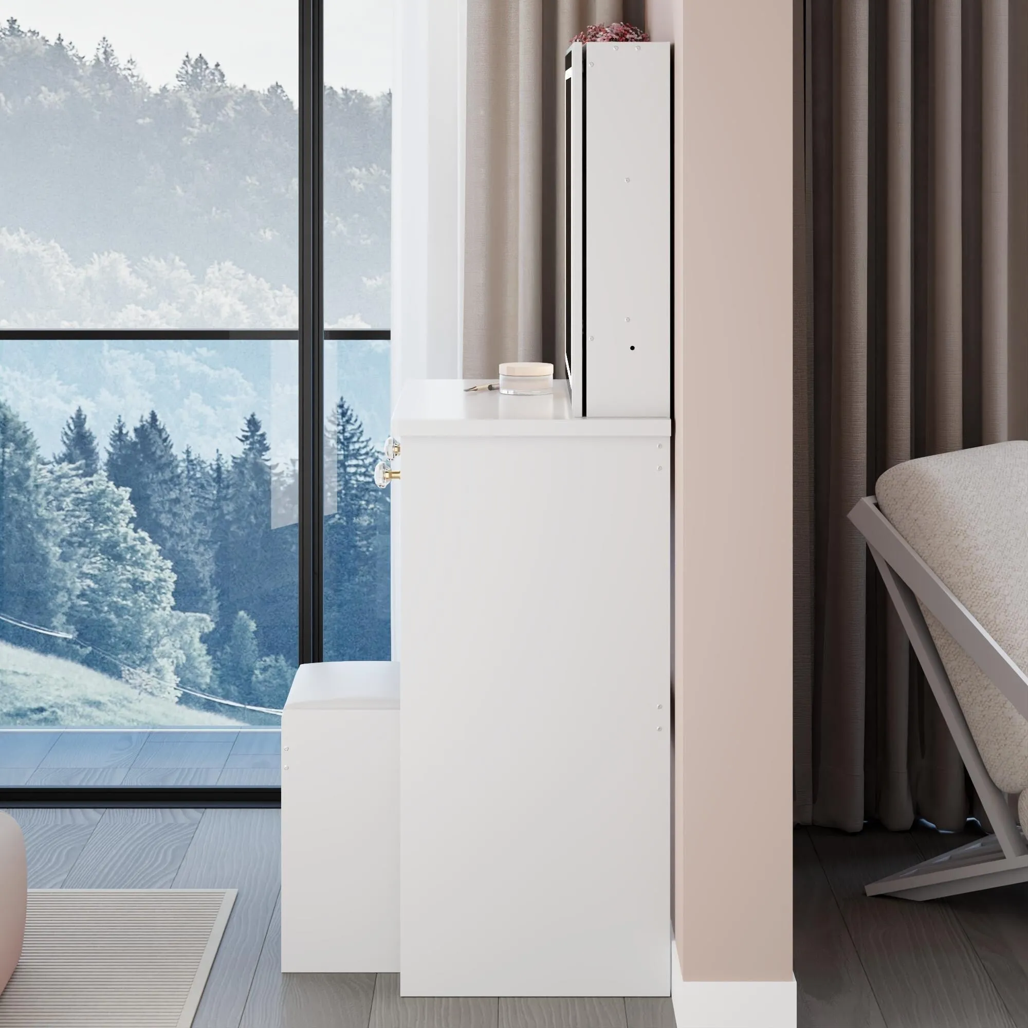 Middle Size Left Bedside Cabinet Vanity Table   Cushioned Stool.Large Right sliding mirror.Multi Layer High Capacity Storage