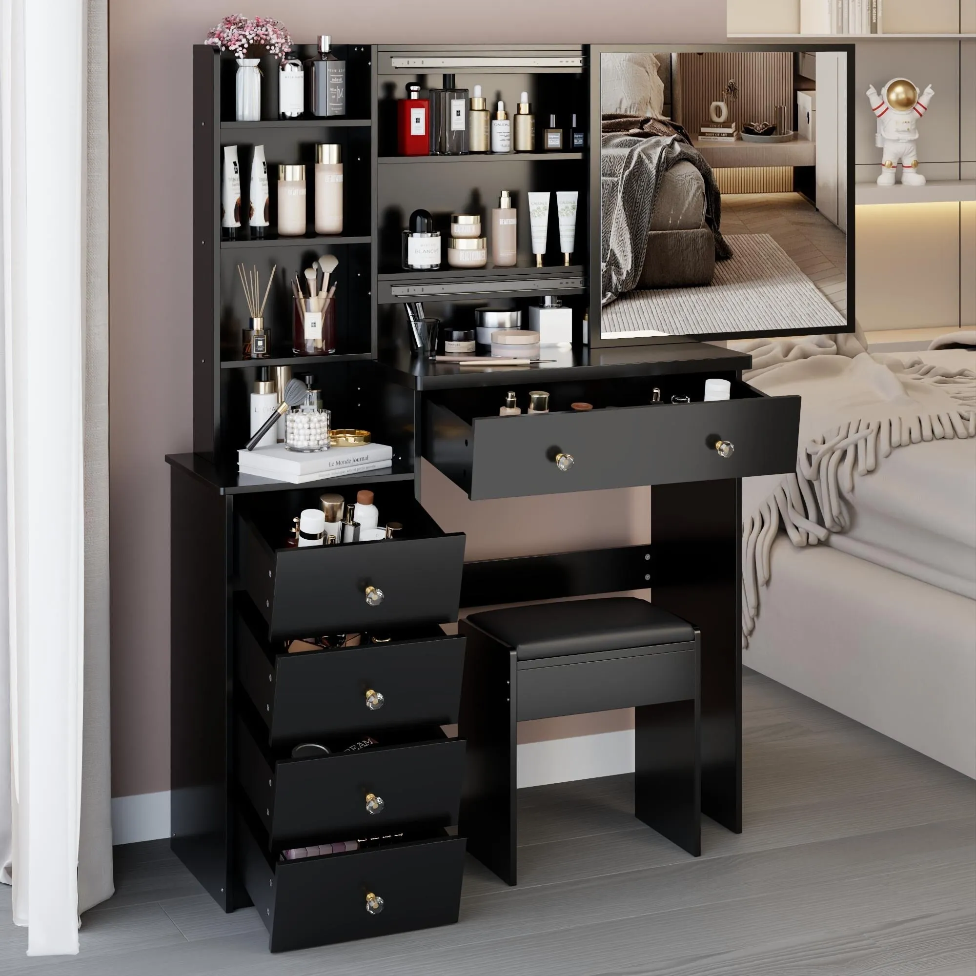 Middle Size Left Bedside Cabinet Vanity Table   Cushioned Stool.Large Right sliding mirror.Multi Layer High Capacity Storage